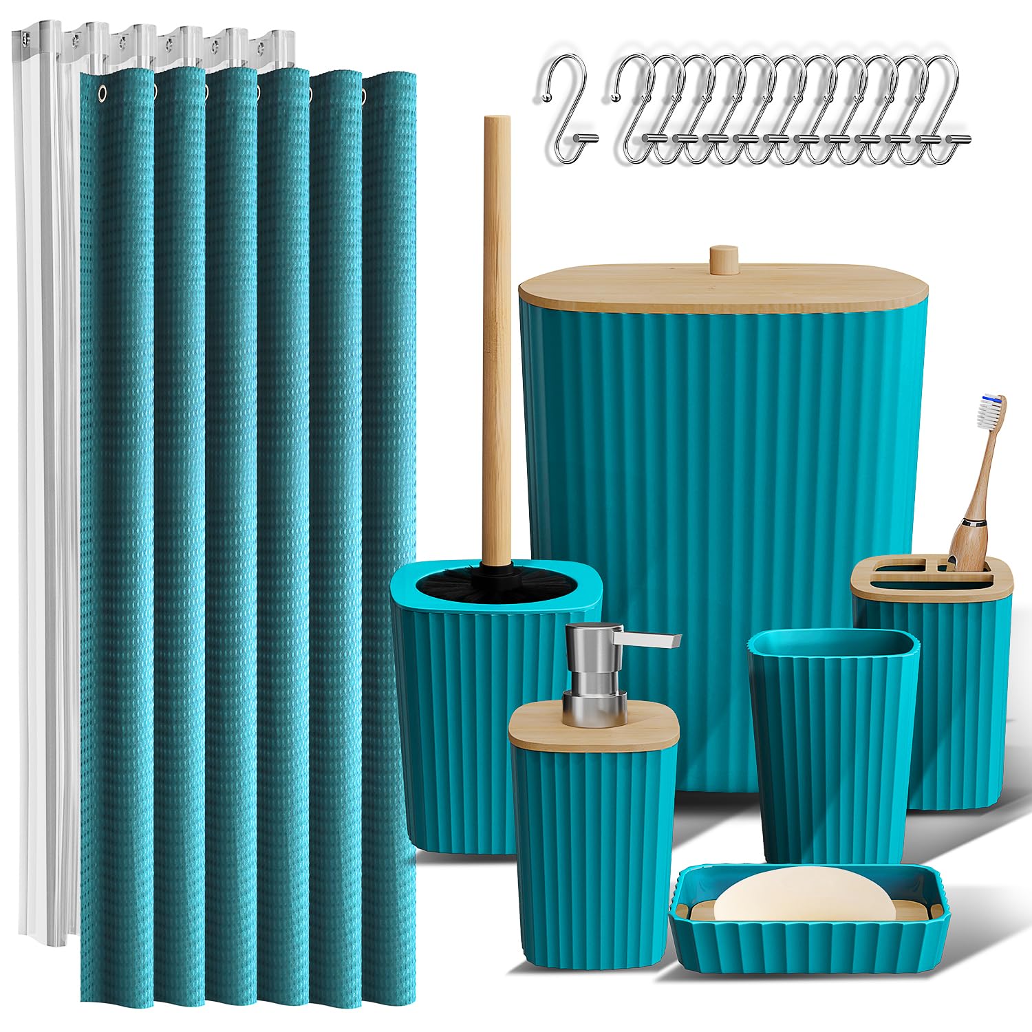 Clara Clark Bathroom Accessories Set - Teal Bathroom Set, 20Pc Bathroom Accessory Set, Shower Curtain Set, Toilet Brush, Trash C