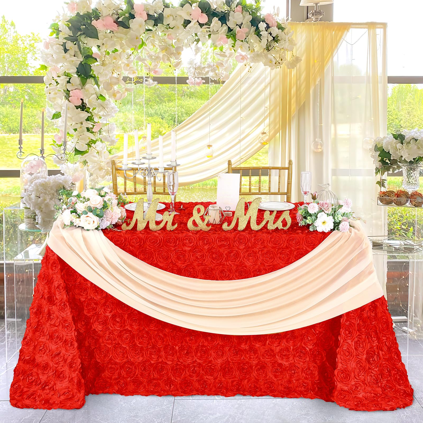 Queendream Red Satin Tablecloth 90 X 132 Inch Rectangle Wedding Table Cover Overlay For Wedding Reception Table Decorations