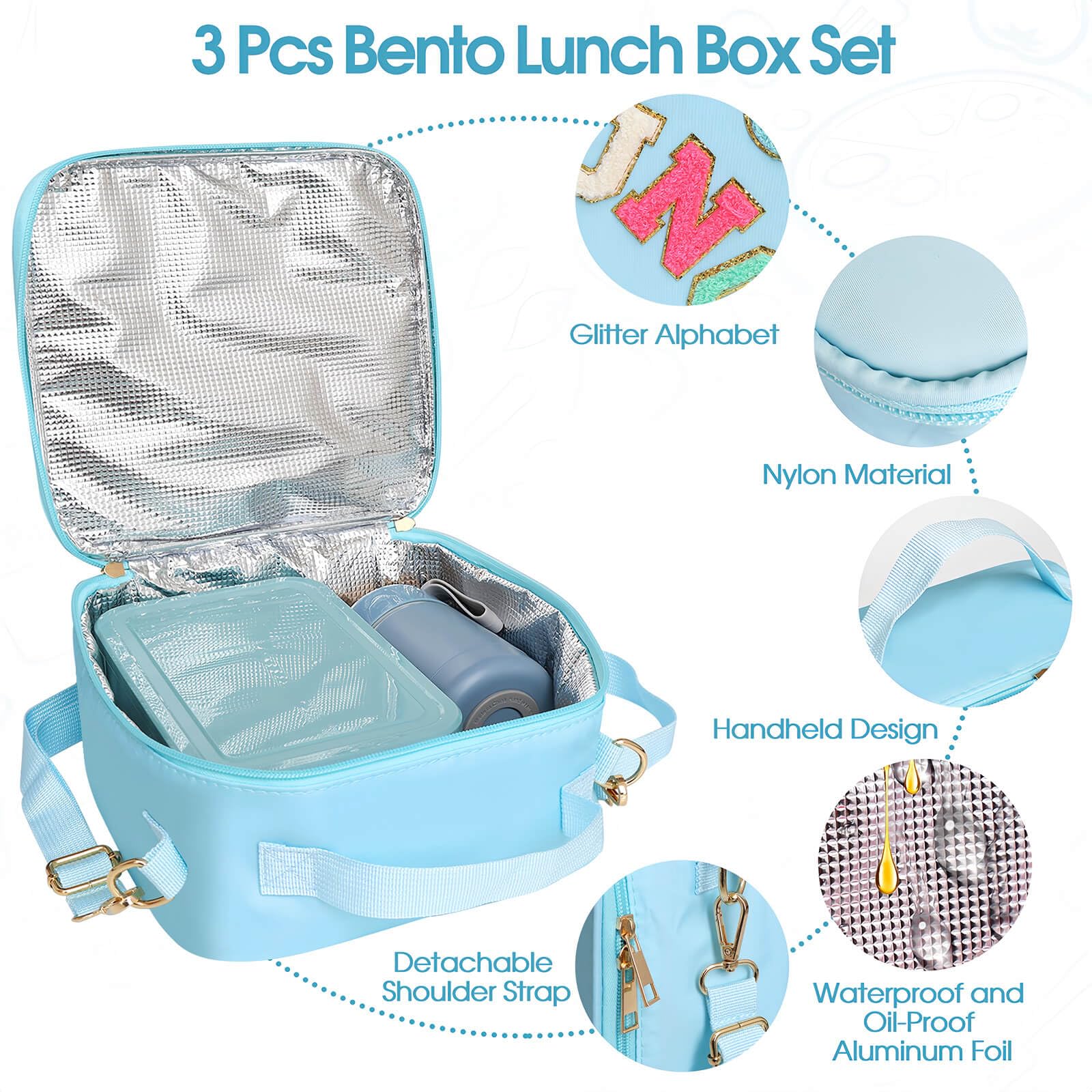 Kids Lunch Bag with 10oz Thermos, with 6 Compartment Bento Box, Blue Nylon Insulated Preppy Lunch Box Adjustable Strap Birthday