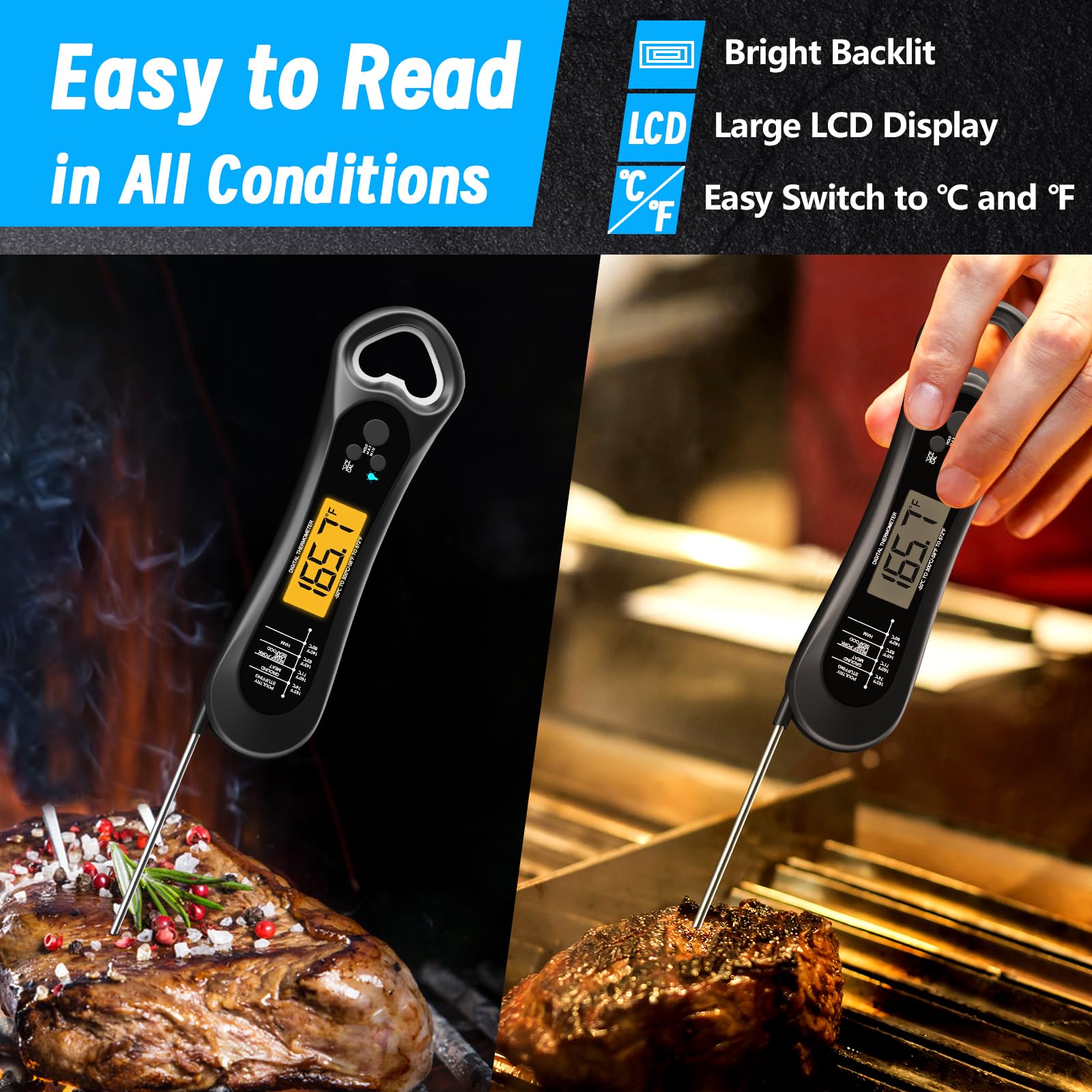 Biison Digital Meat Thermometer - Instant Read, Backlight, Calibration, Grey, Model B-D2-5, Ideal for Grill, BBQ, Turkey, Candy, Liquids