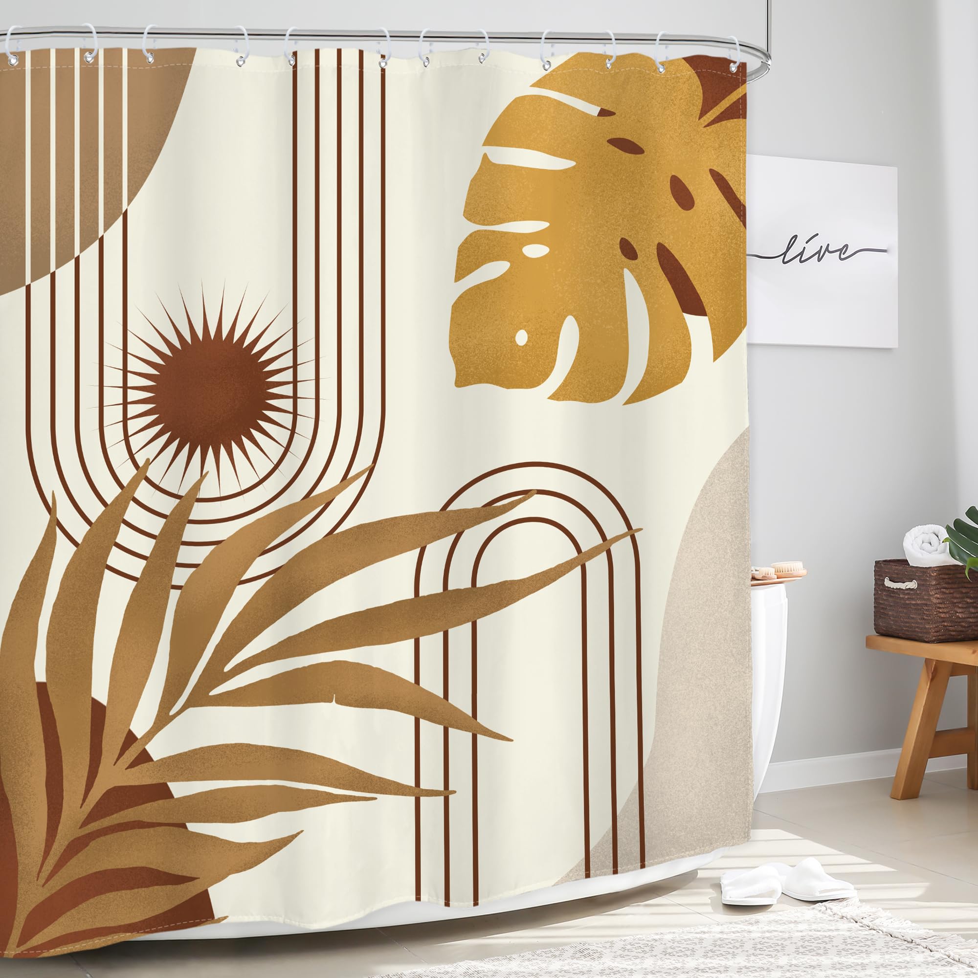 Glawry Boho Mid Century Shower Curtain Yellow Brown Abstract Tropical Palm Leaves Sun Bathroom Minimalist Geometric Arch Retro P