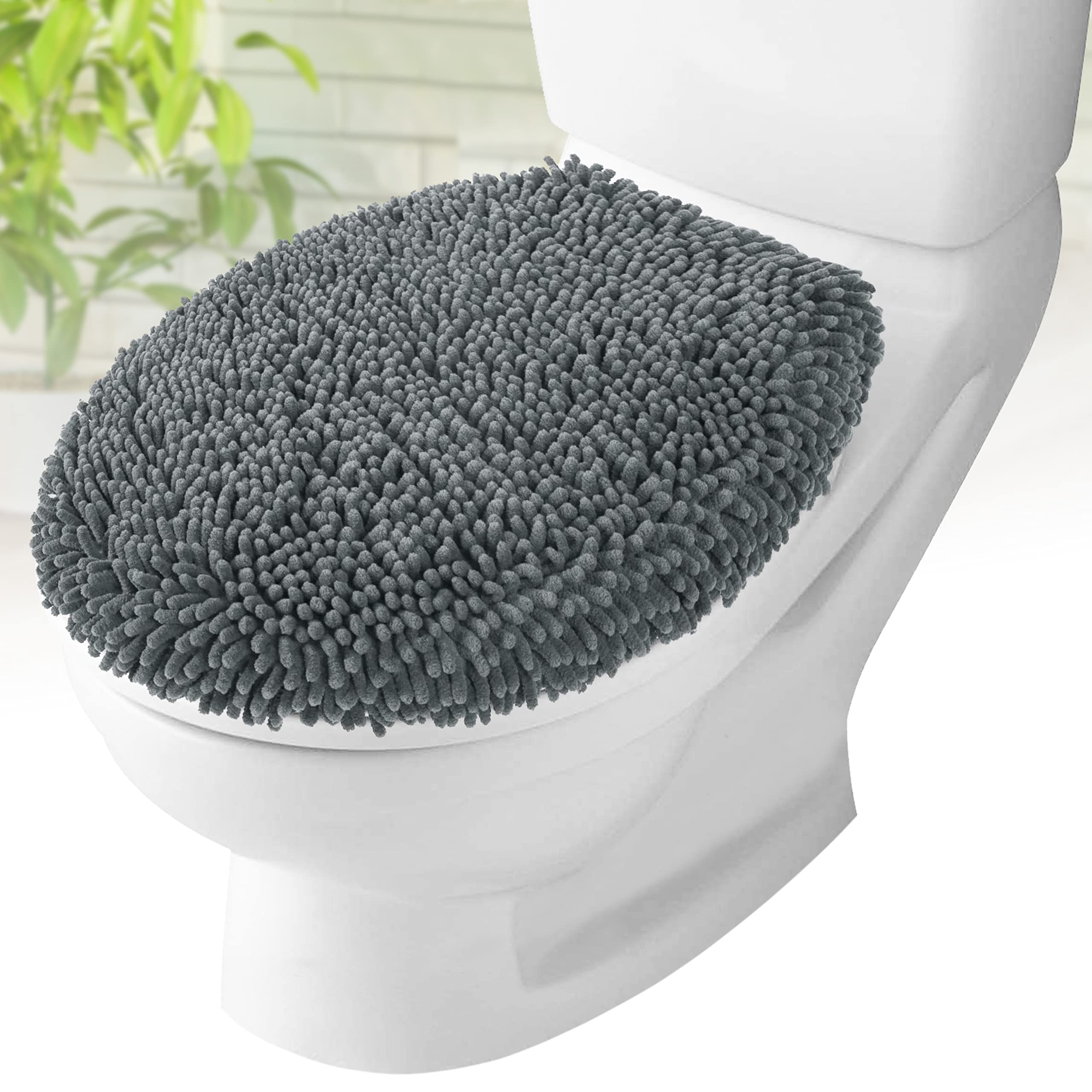 Mayshine Plush Shaggy Standard Toilet Seat Lid Cover (Gray) | Fuzzy Chenille Microfiber, Fluffy Soft Absorbent - Machine Washabl
