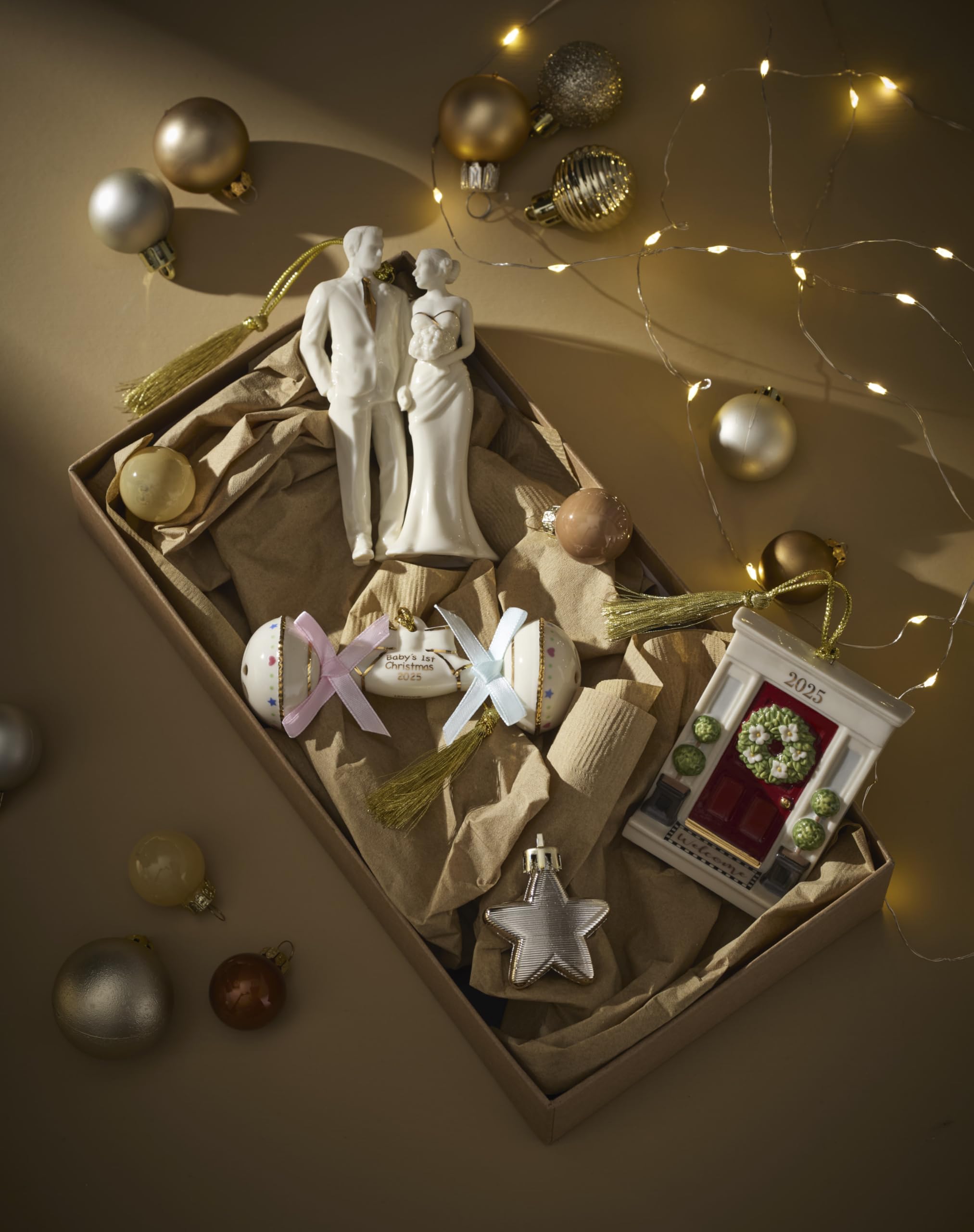 Lenox Ornament, 2025 Babys 1st Christmas Rattle Ornament, Porcelain with Gold Accents and Hanging Cord, Christmas Decorations, B