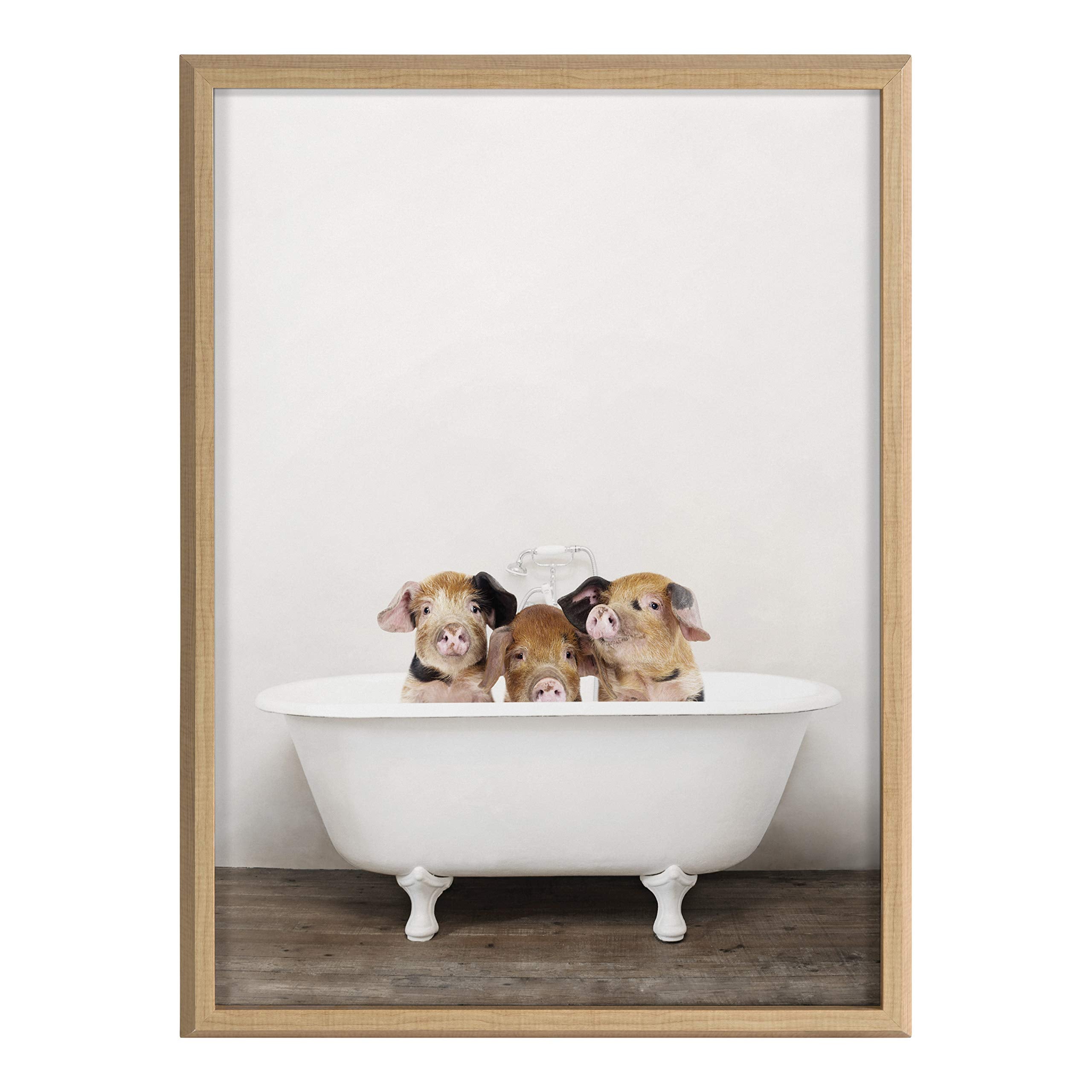 Kate And Laurel Blake Three Little Pigs In Vintage Bathtub Framed Printed Glass Wall Art By Amy Peterson, 18X24 Natural, Adorabl