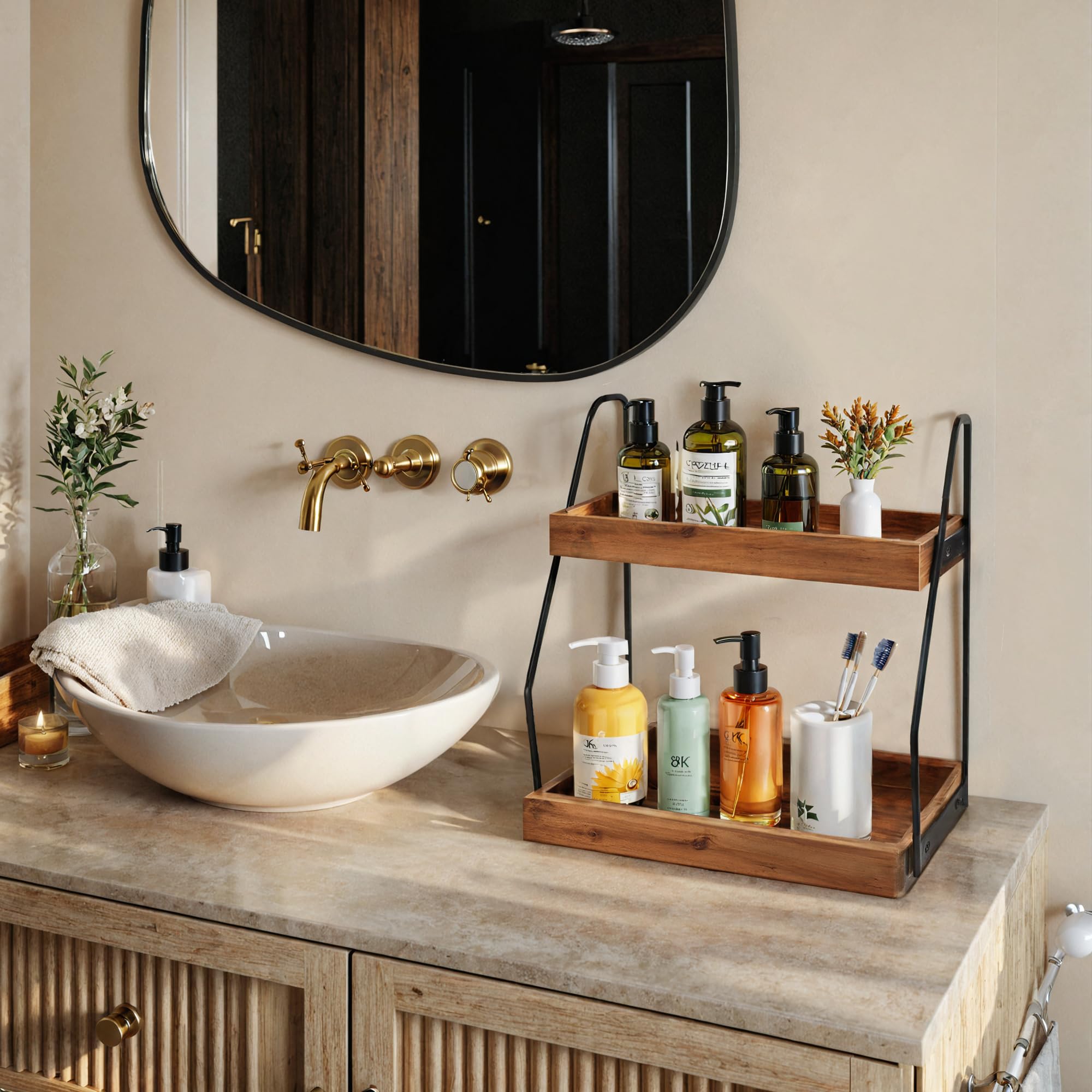 Acacia Bathroom Organizer Countertop 13.6 X 14 X 6.7 Inches, 2-Tier Wood Counter Standing Rack, Countertop Storage Shelf For Org