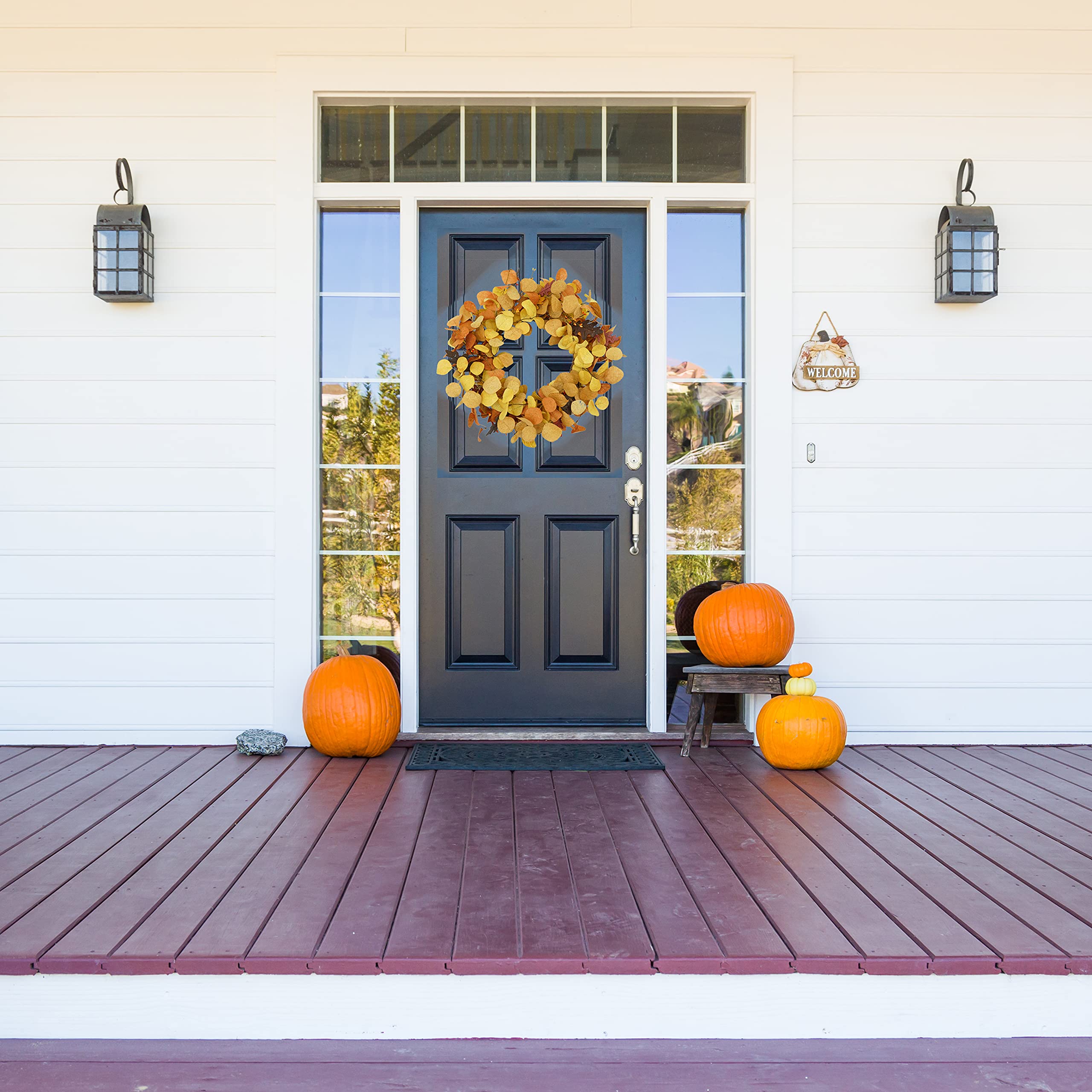 AMF0RESJ Artificial Fall Wreath for Front Door Autumn Eucalyptus Wreath with Orange Eucalyptus Leaves,Woodern Oak Leaves for Far
