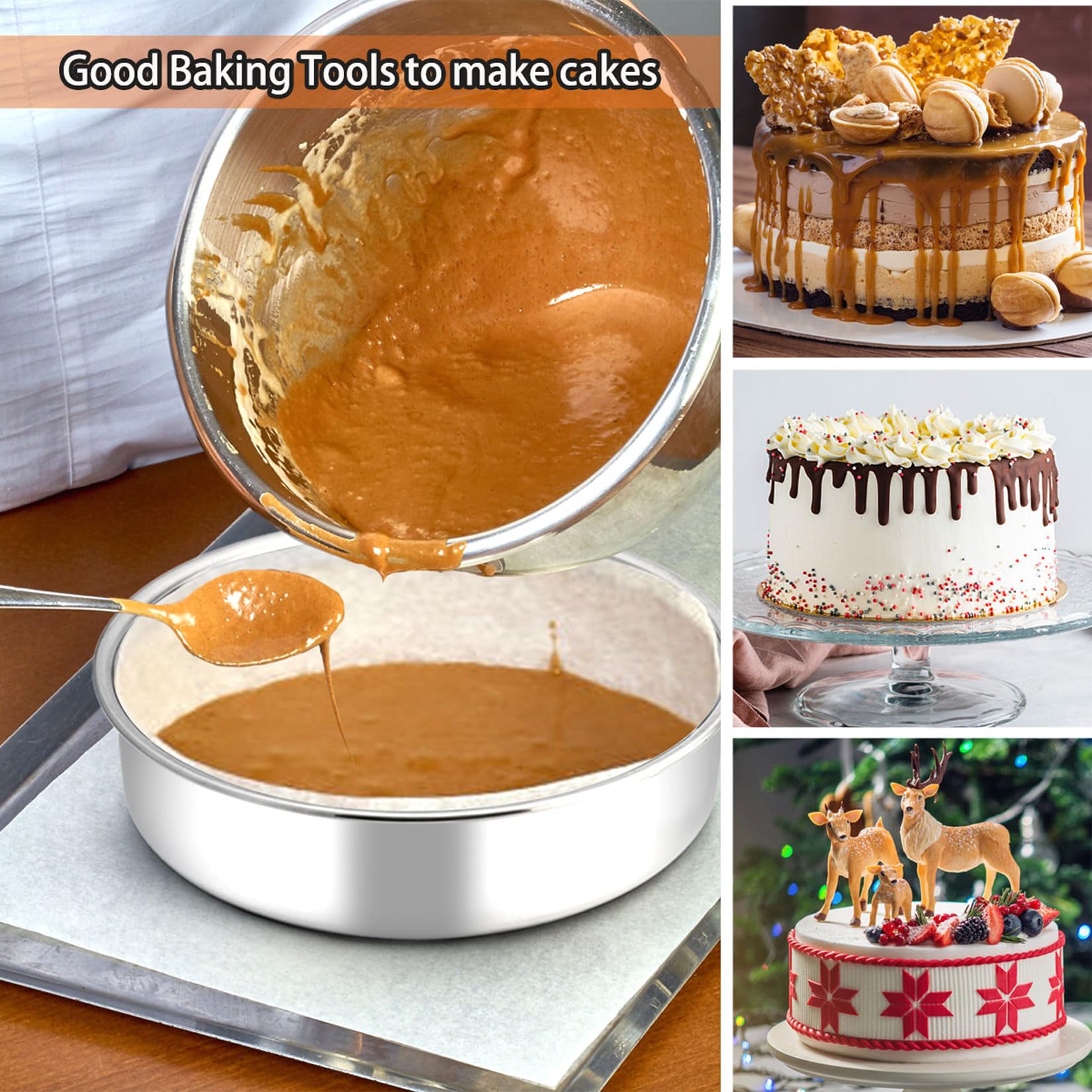8 Inch Cake Pan Set, 3 Pcs P&P Chef Round Baking Pans Stainless Steel Layer Birthday Wedding Cake Pans, Fit Oven/Pots/Pressure C