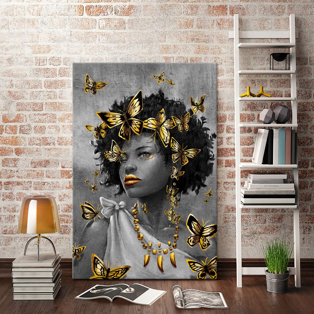 Ihappywall Large African American Woman Wall Art Black And Gold Pretty Lady Butterfly Abstract Artwork For Girl Room Bedroom Liv