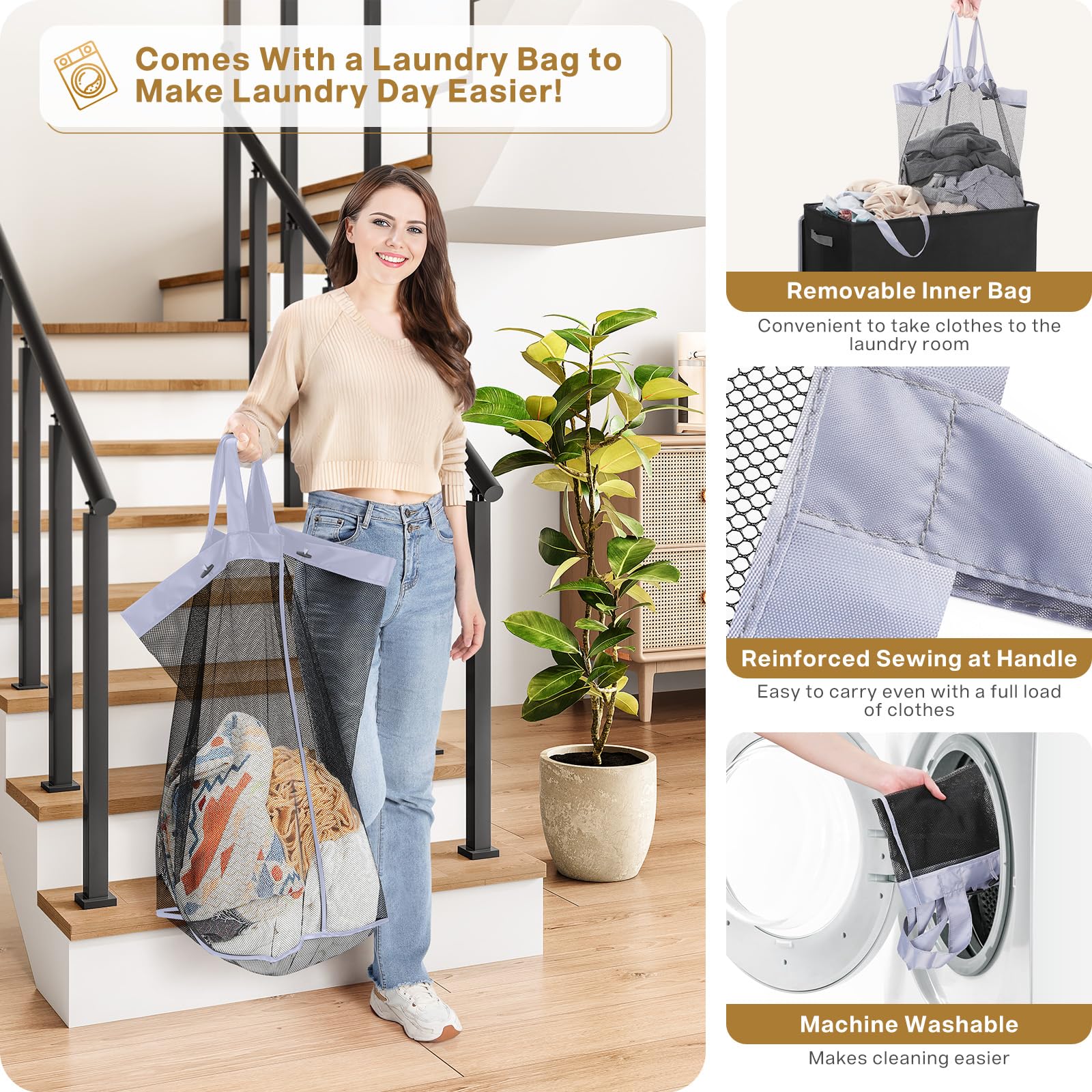 SOLEDI Double Laundry Hamper with Lid and Removable Laundry Bags - Large Dirty Clothes Hamper 2 Section - Collapsible Laundry Baskets for Bedroom  Bathroom  Laundry room  Apartment  Black