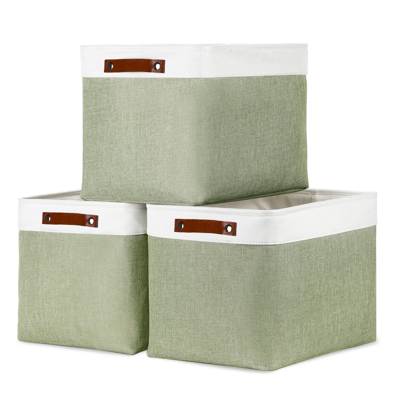 Dullemelo 16 Inch Fabric Storage Basket, Decorative Storage Boxes With Leather Handle For Closet Shelf Nursery, Collapsible Line