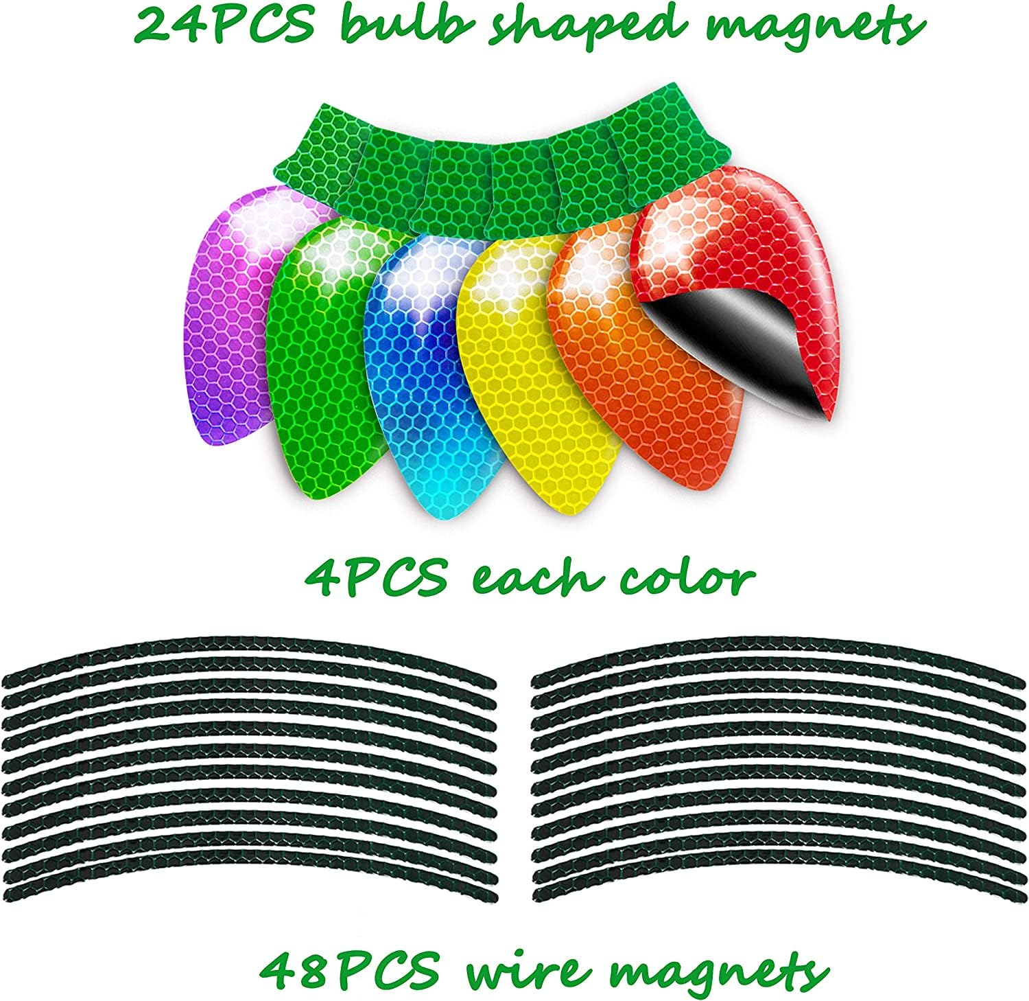 72Pcs Christmas Car Refrigerator Decorations - 24 Reflective Bulb Light Shaped Magnets 48 Magnetic Wires Ornaments Set Xmas Holi