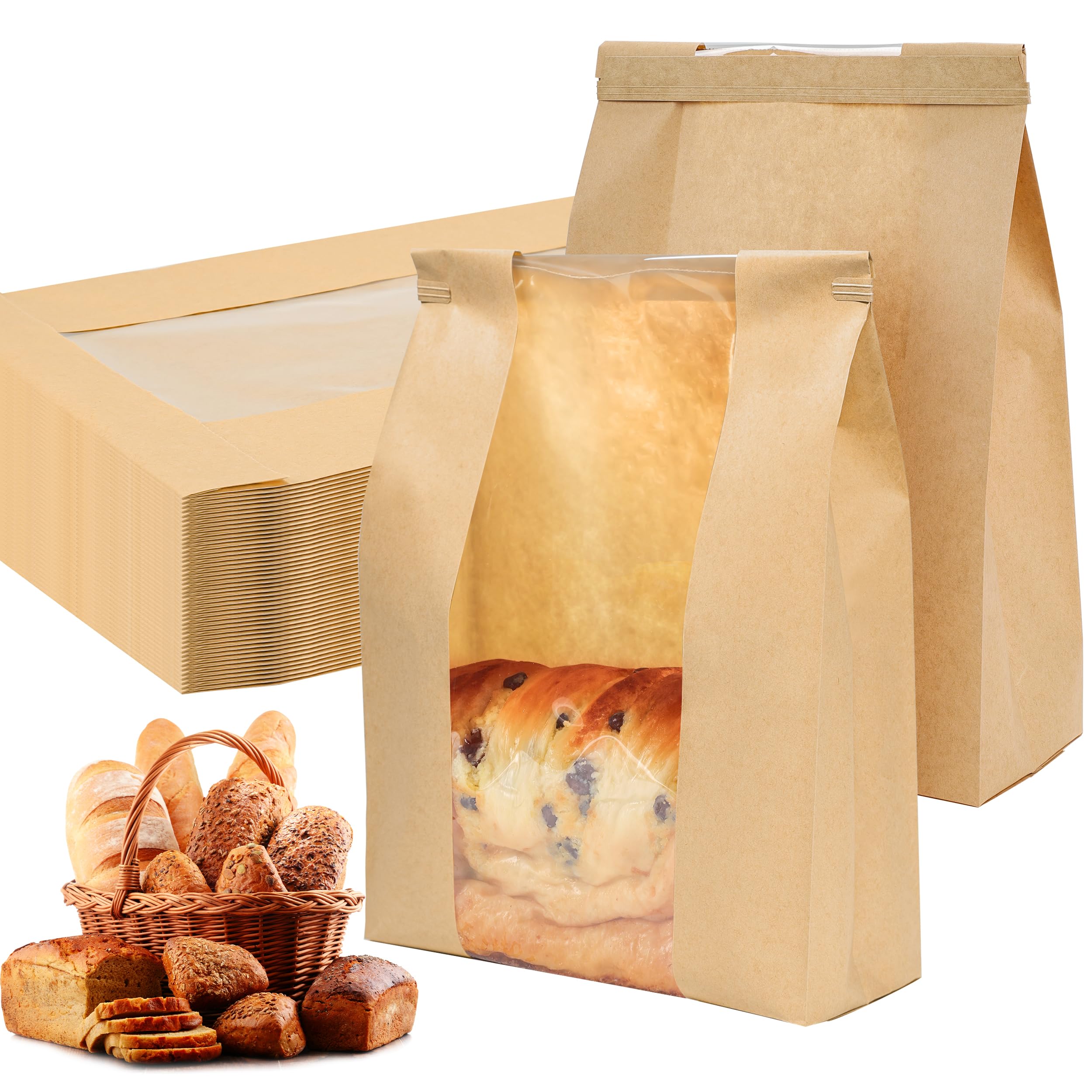 NPLUX 50 Pack Sourdough Bread Bags for Homemade Bread with Tin Tie Tab Lock Bakery Bags with Window kraft Bag for Toast Sandwich