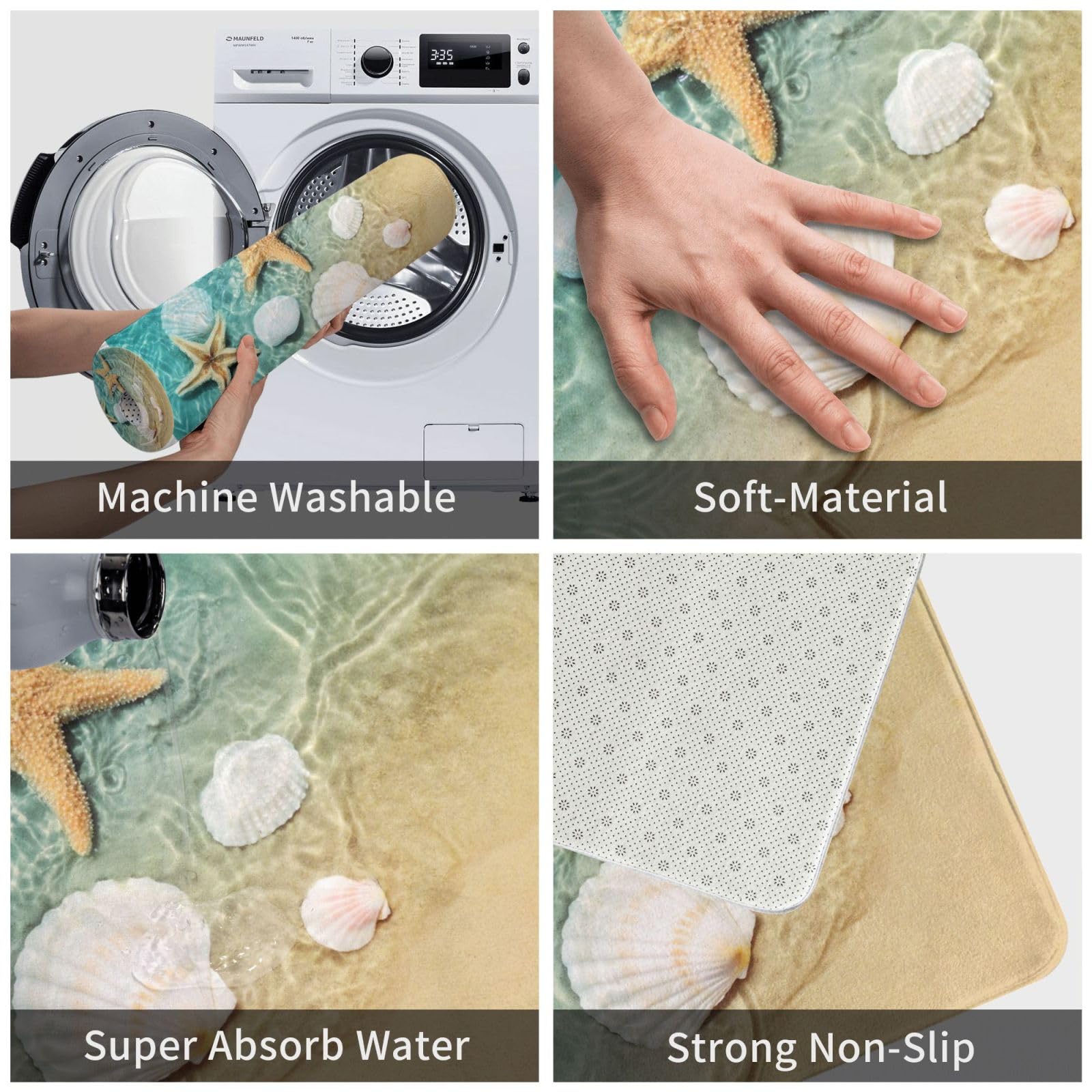 Nautical Coastal Bath Mats For Bathroom, Soft Absorbent Starfish Seashell Coral Beach Bath Rug Non-Slip Floor Rug Carpets For Ki