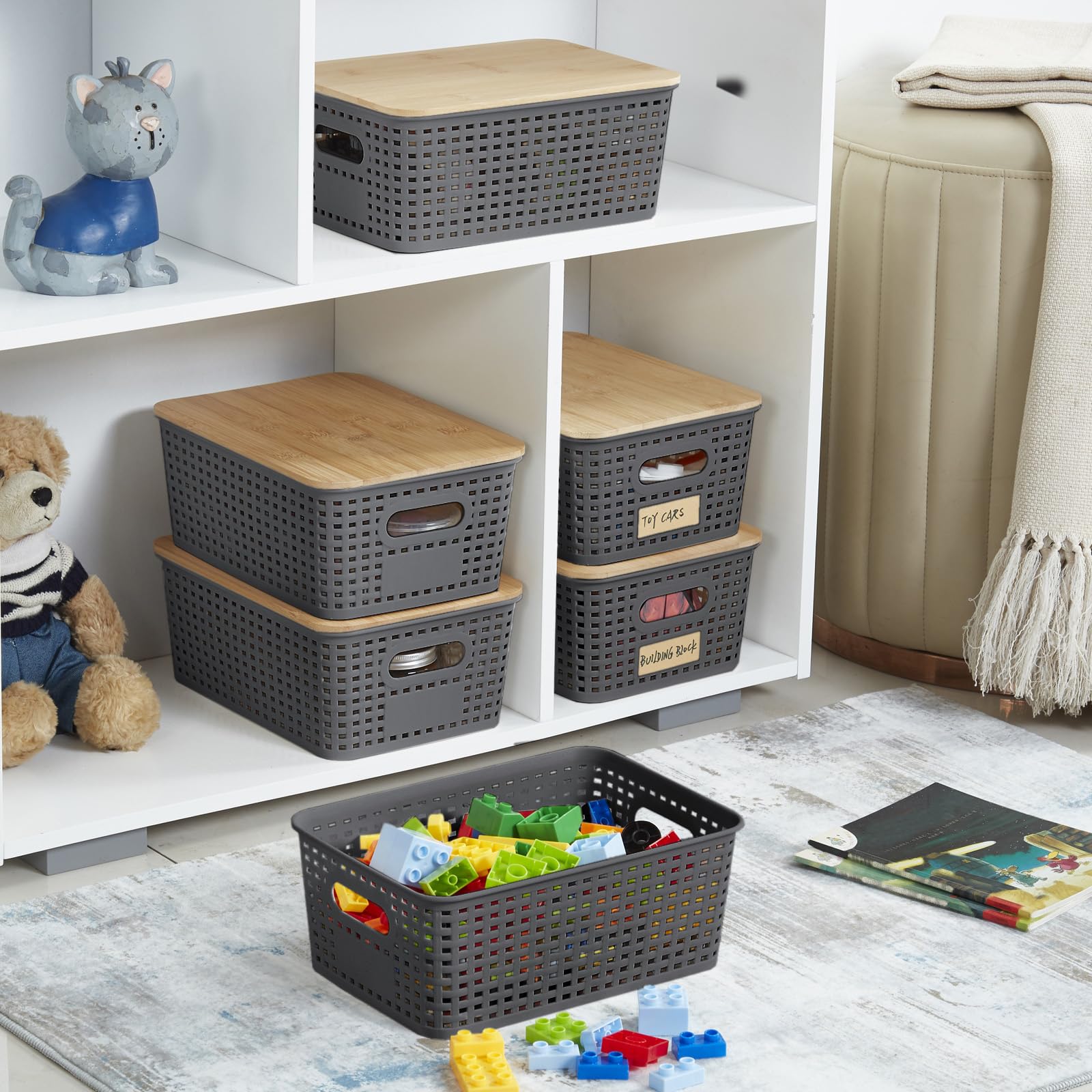 Bagnizer Plastic Storage Bins With Bamboo Lids Stackable Box Basket Pantry Decorative Containers Cute With Lable For Organizing