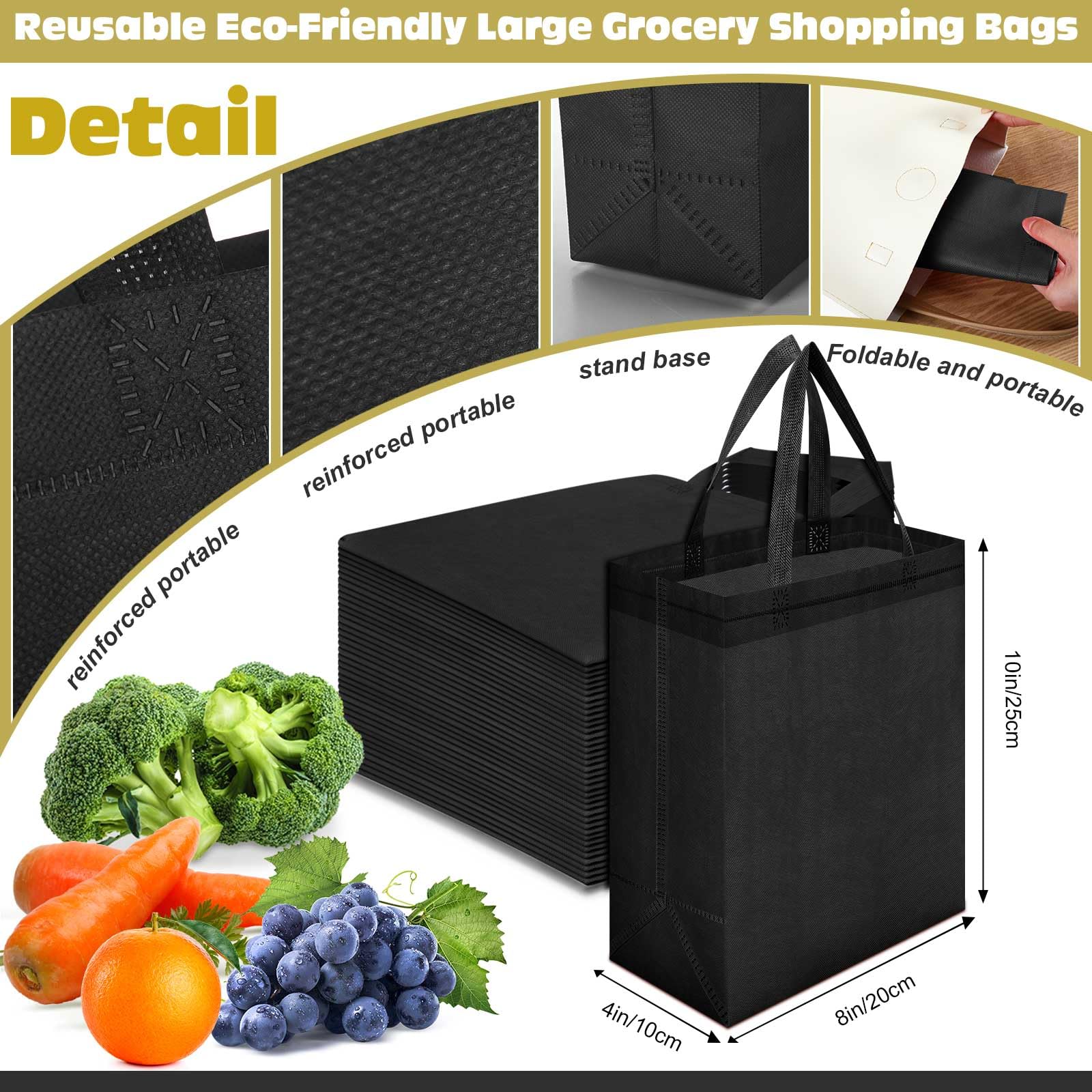 Windyun 50 Pcs Reusable Tote Bag Bulk 8 x 4 x 10 Inch Non Woven Shopping Bag with Handle Christmas Reusable Grocery Gift Tote(Bl