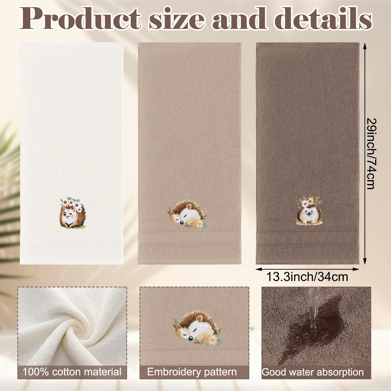 Hillsuren 3 Pcs Hedgehog Floral Hand Towels Bathroom Decor Cute Hedgehog Gifts Decorative Farmhouse 100% Cotton Embroidered Hand