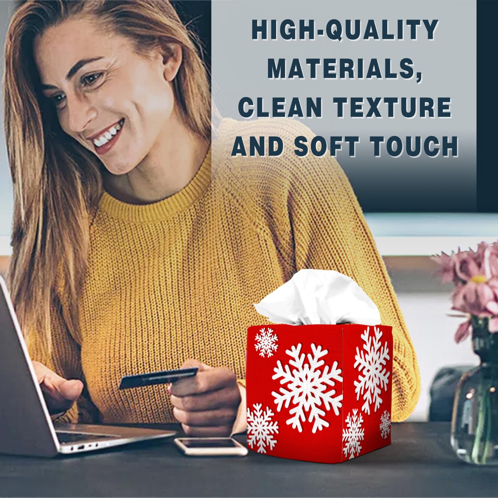 Tissue Box Cover Square Canvas Decorative Tissue Box Holder Cute Funny Cube Tissue Case Cover-Xmas Decor Christmas Snowflake Red