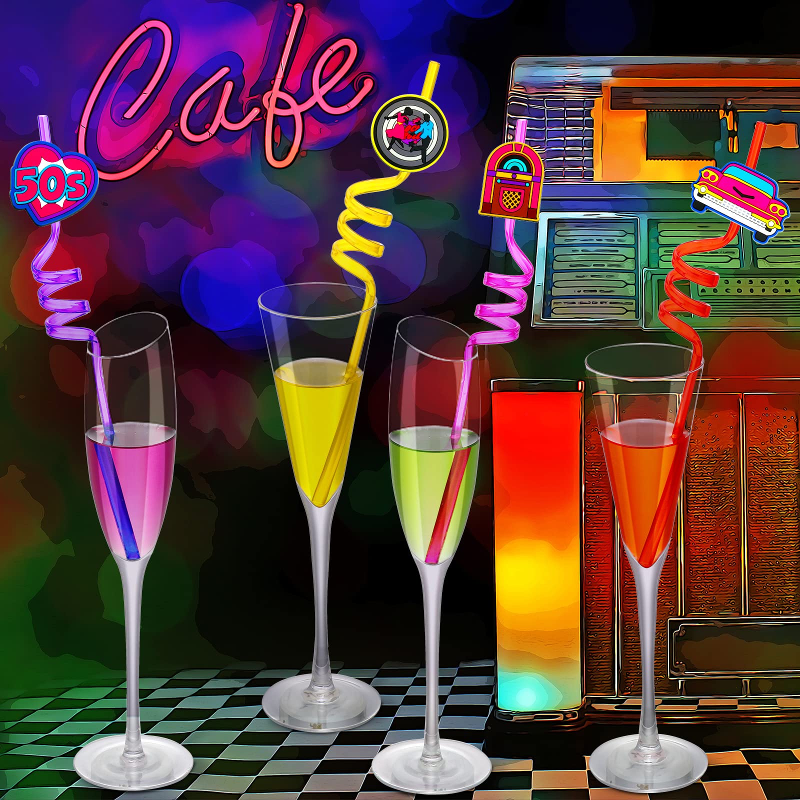 Skyley 24 Pieces 50'S Hip Hop Straws Rock Party Drinking Straws 1950'S Retro Silly Back To Favors For Kids Adults Music Disco Da