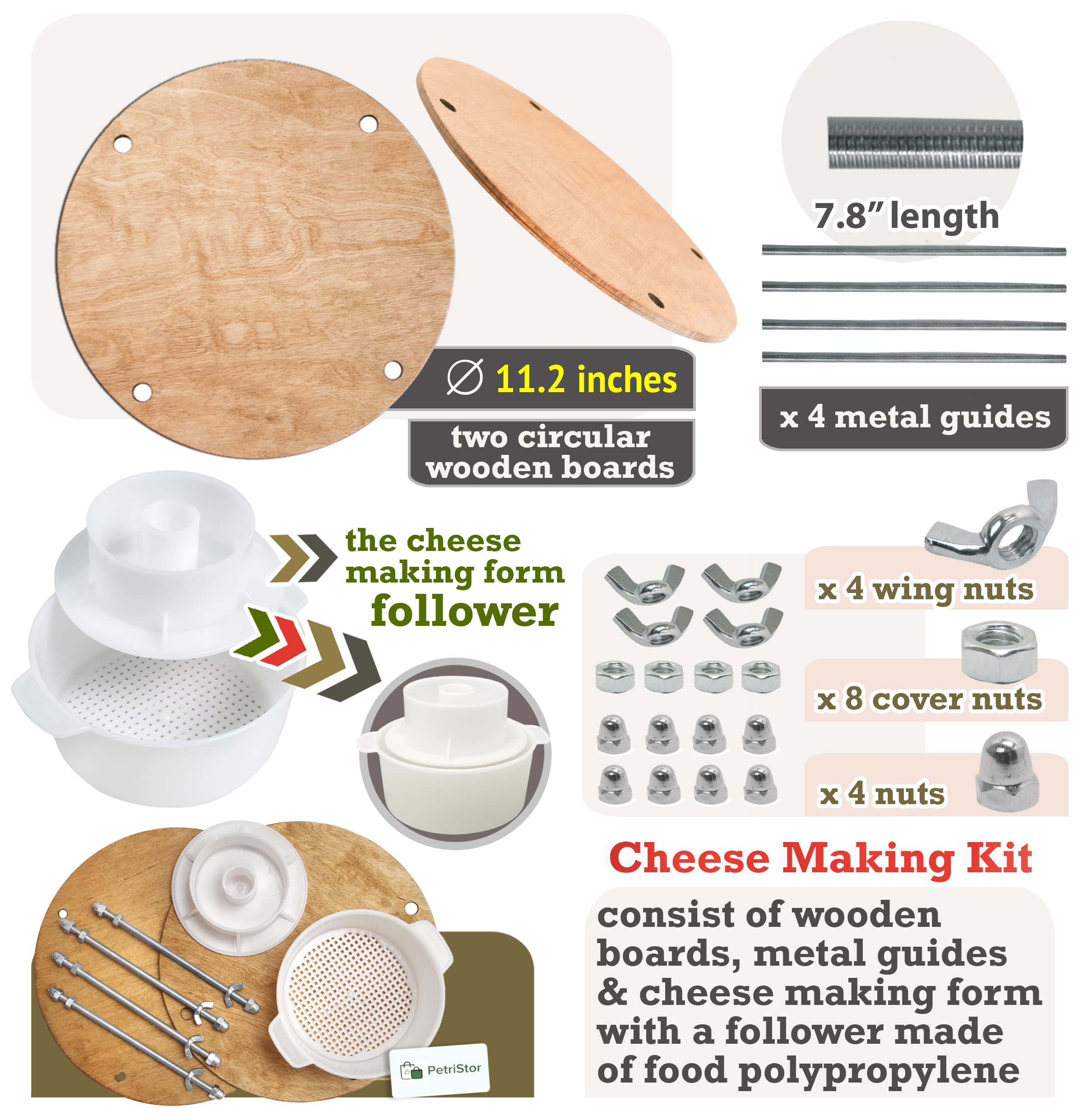 Wooden Cheese Press For Cheese Making Supplies Diameter 11 In Metal Guides Walnut And Cheese Mold With Follower Piston 1.3 Qt -