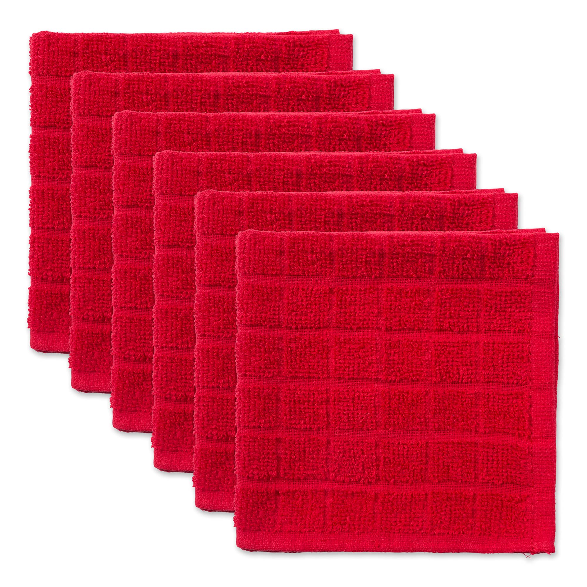 Dii Basic Terry Collection Solid Windowpane Dishcloth Set, 12X12, Red, 6 Piece