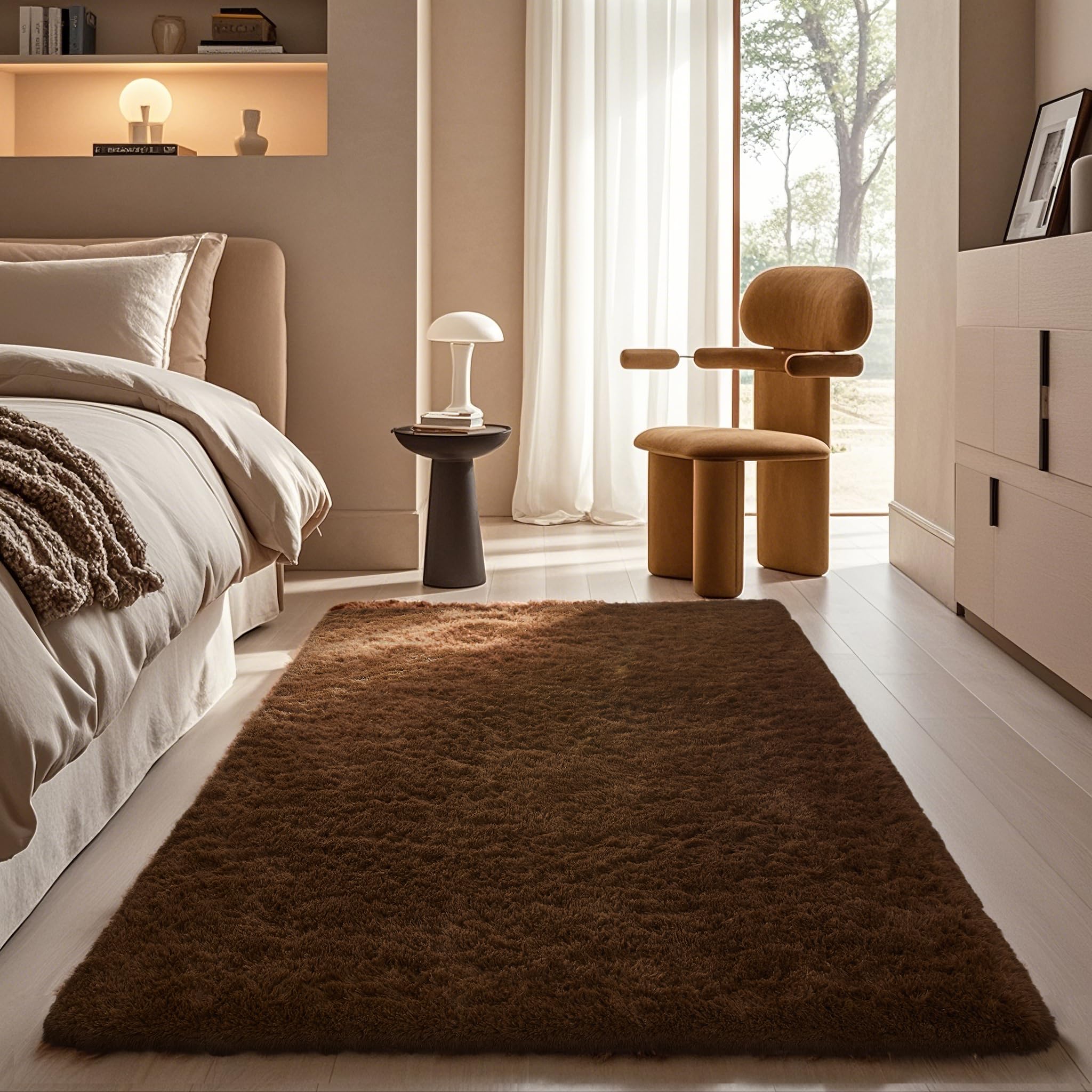Ophanie Brown Rugs for Bedroom Living Room, Fluffy Fuzzy Furry Carpet, Plush Soft Shaggy Bedside Indoor Floor 4x6 Area Rug for K
