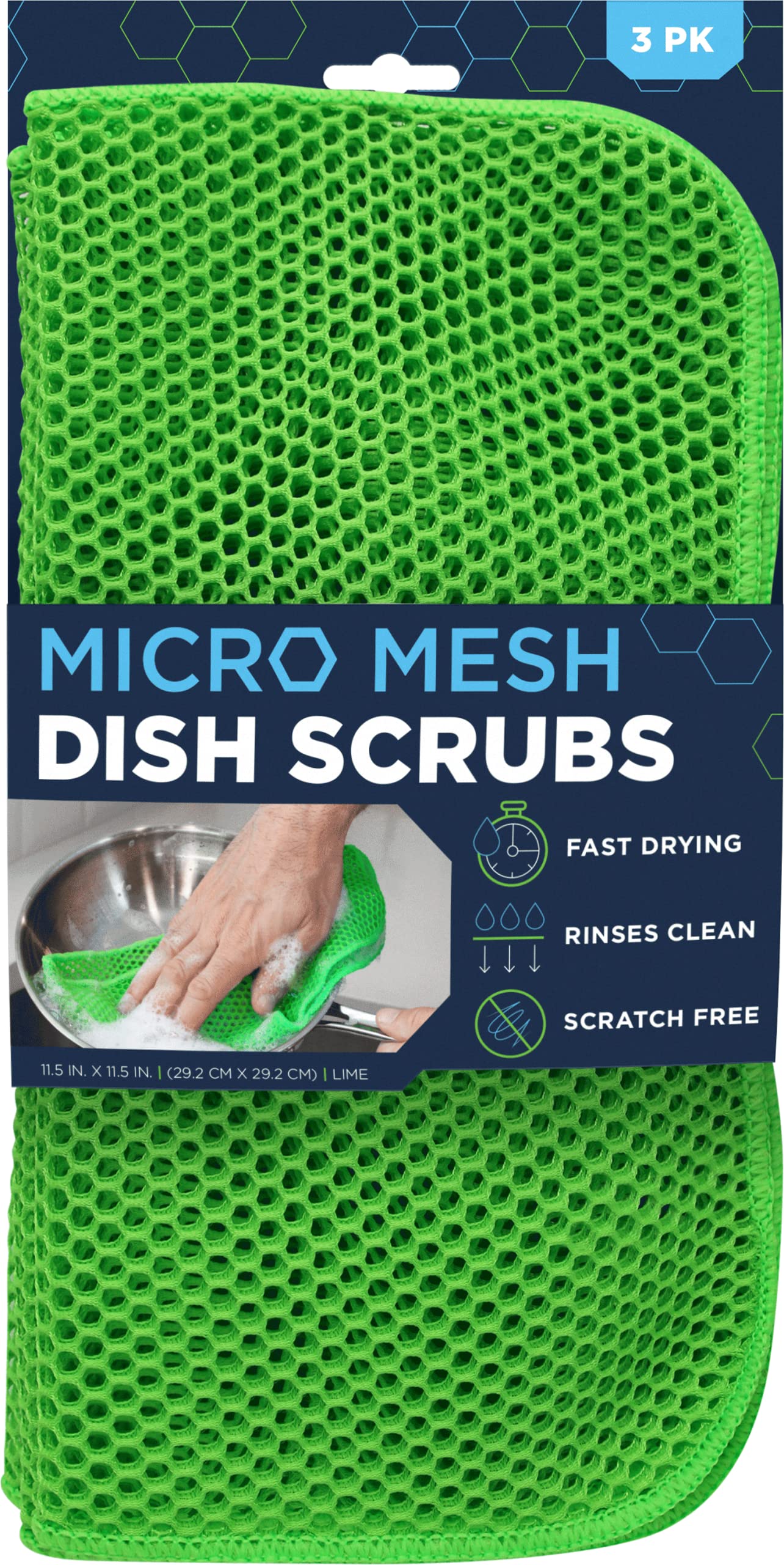 S&T Inc. Mesh Dish Scrubber, Kitchen Dish Cloths For Washing Dishes, Green, 11.5 Inches X 11.5 Inches, 3 Pack