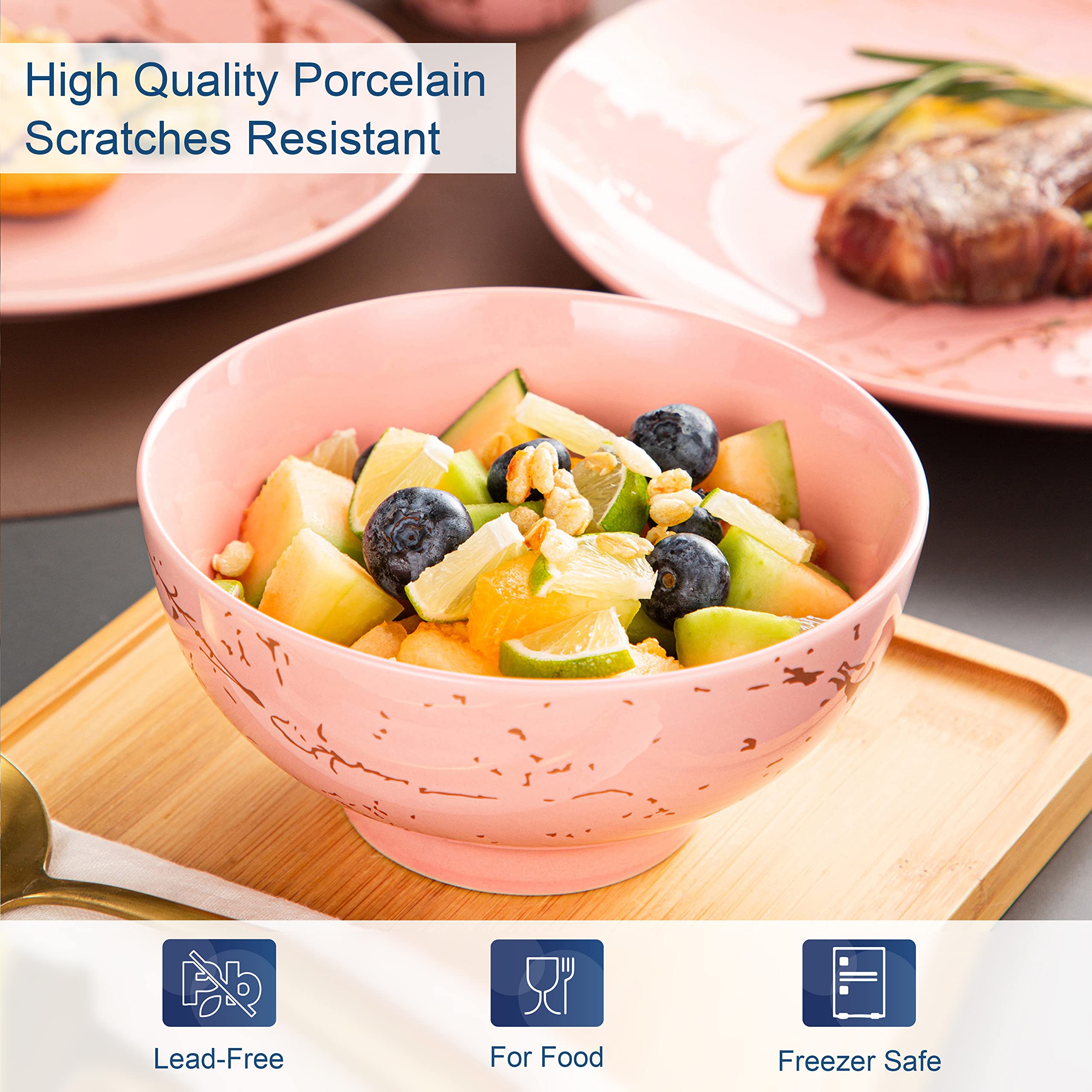 LOVECASA Pink Dinnerware Sets for 4, 16 Piece Porcelain Dish Set Plates and Bowls Sets with Mugs, Gold Splash Glaze Round Dish S