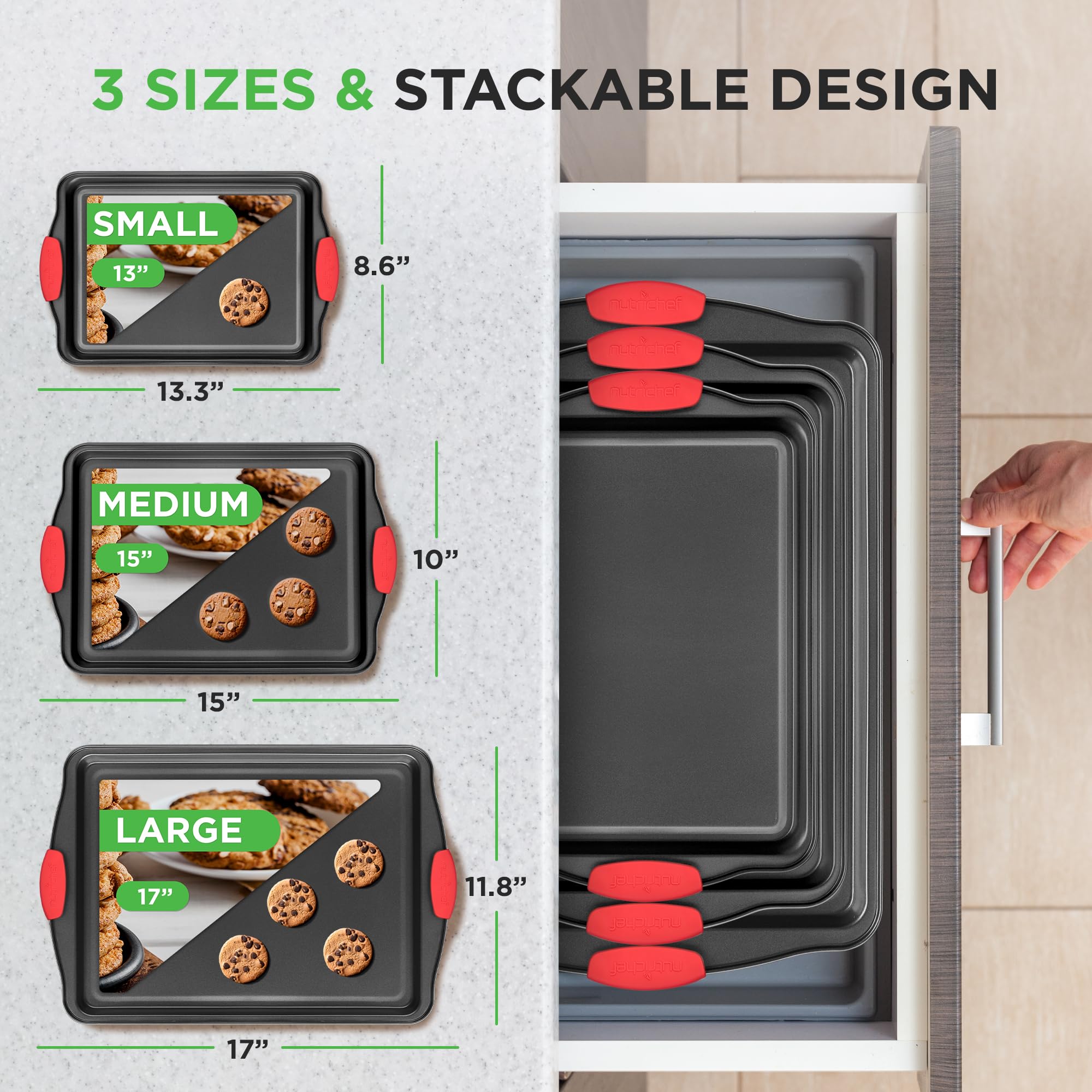 Nutrichef 3-Piece Nonstick Kitchen Oven Baking Pans - Premium & Stylish Non-Stick Steel, Commercial Grade Restaurant Quality Met