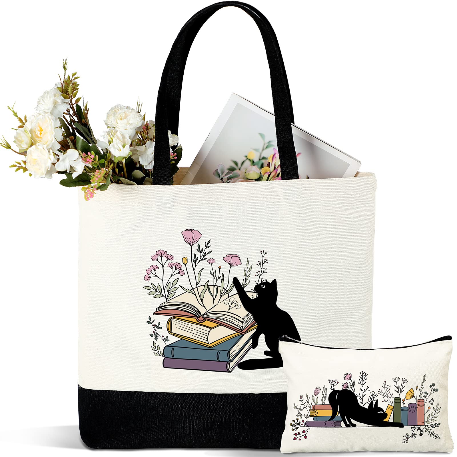 Cunno 2 Pcs Black Cat Book Tote Bags Purse Set Book Lovers Gifts Canvas Tote Bags Librarian Bookish Birthday Gifts(Cat)