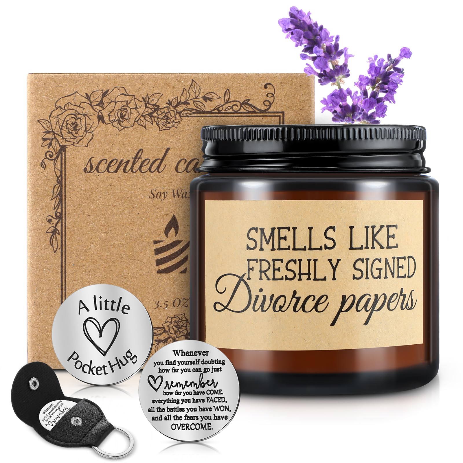 Coume 3 Pcs Divorce Lavender Scented Candle Gifts for Women Scented Candles Pocket Hug Token and PU Leather Keychain Breaking up