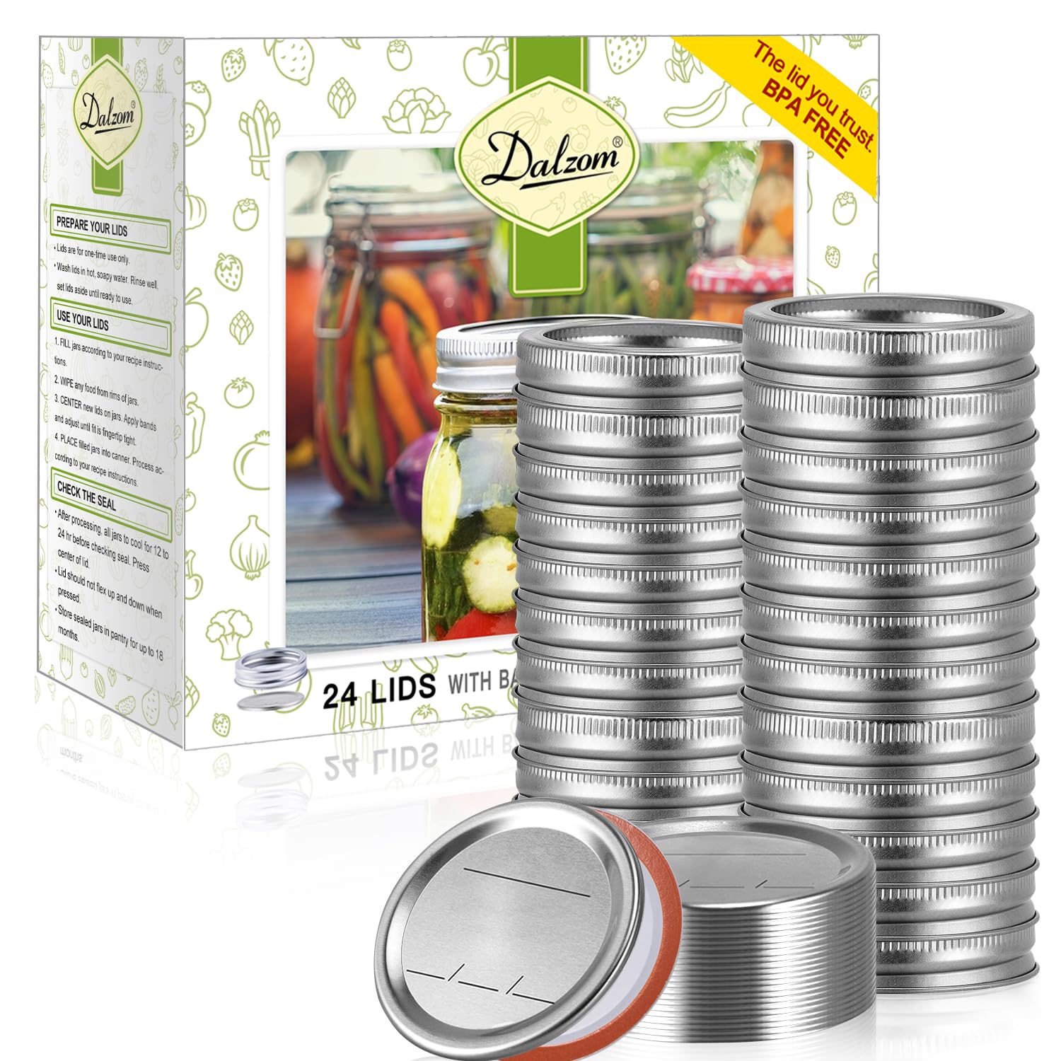 Dalzom 48Pcs Canning Lids With Rings Wide Mouth, Premium Mason Jar Lids With Bands/Rings For Wide Mouth Ball, Kerr Jars - Food G