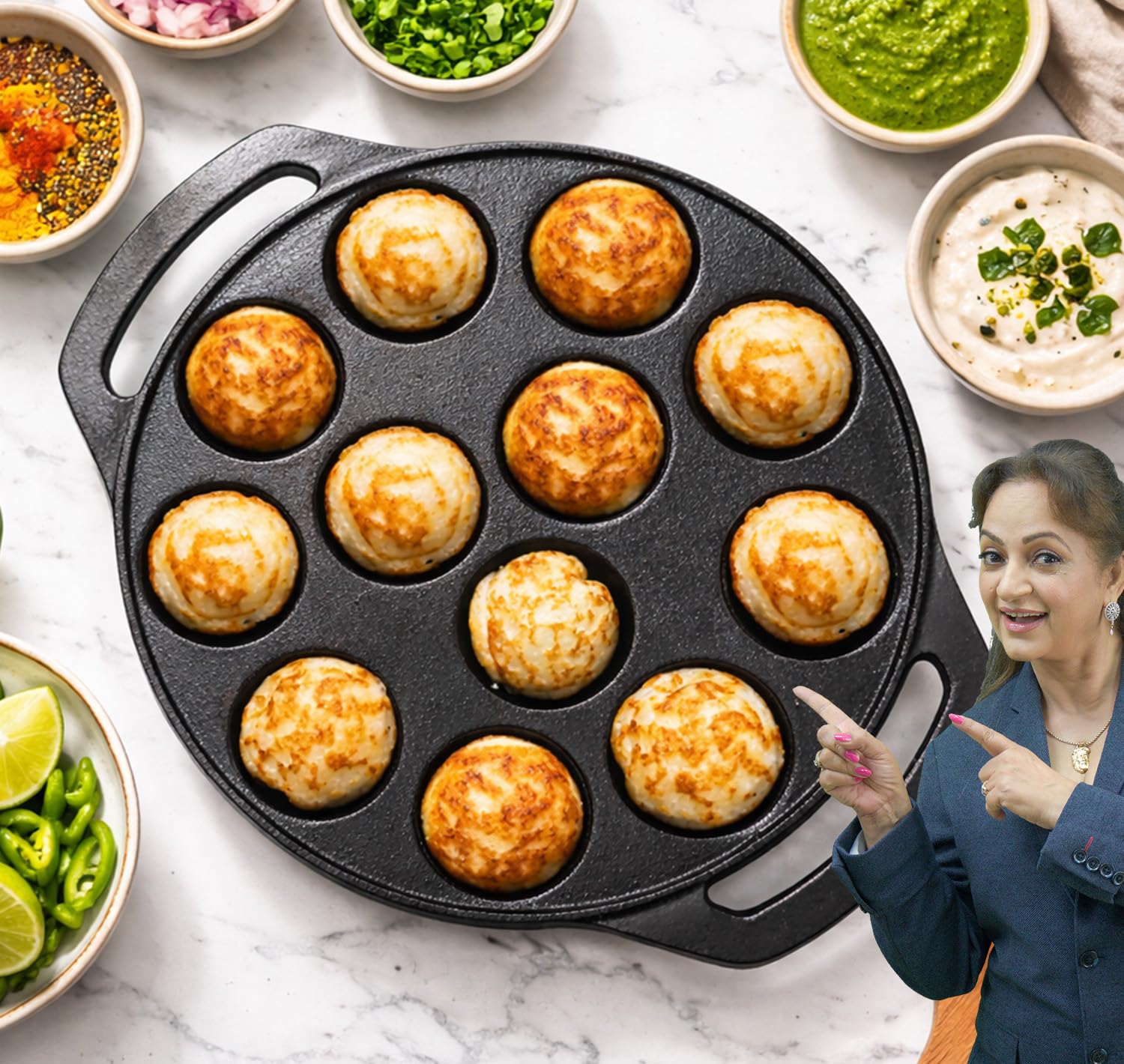 Panca Pre Seasoned Heavy Duty Case Iron Appam Maker 12 Cavity Paniyaram Pan Appe Pan Gunta Kitchen Cookware Essentials (20Cm, Se