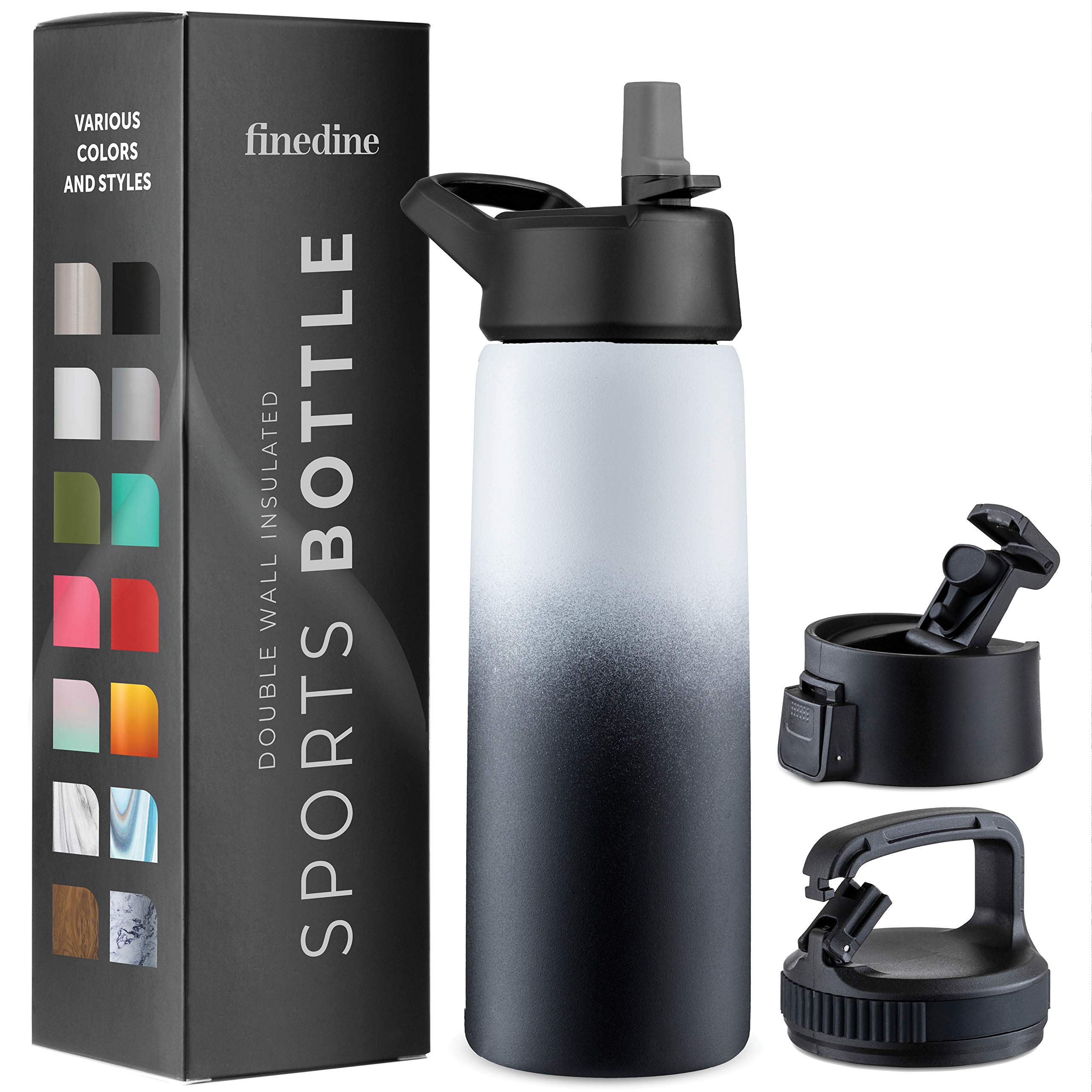 FineDine Water Bottle - Stainless Steel Insulated Water Bottle with Straw Lid, Flip Lid & Wide-Mouth Cap - Keeps Hot and Cold - 