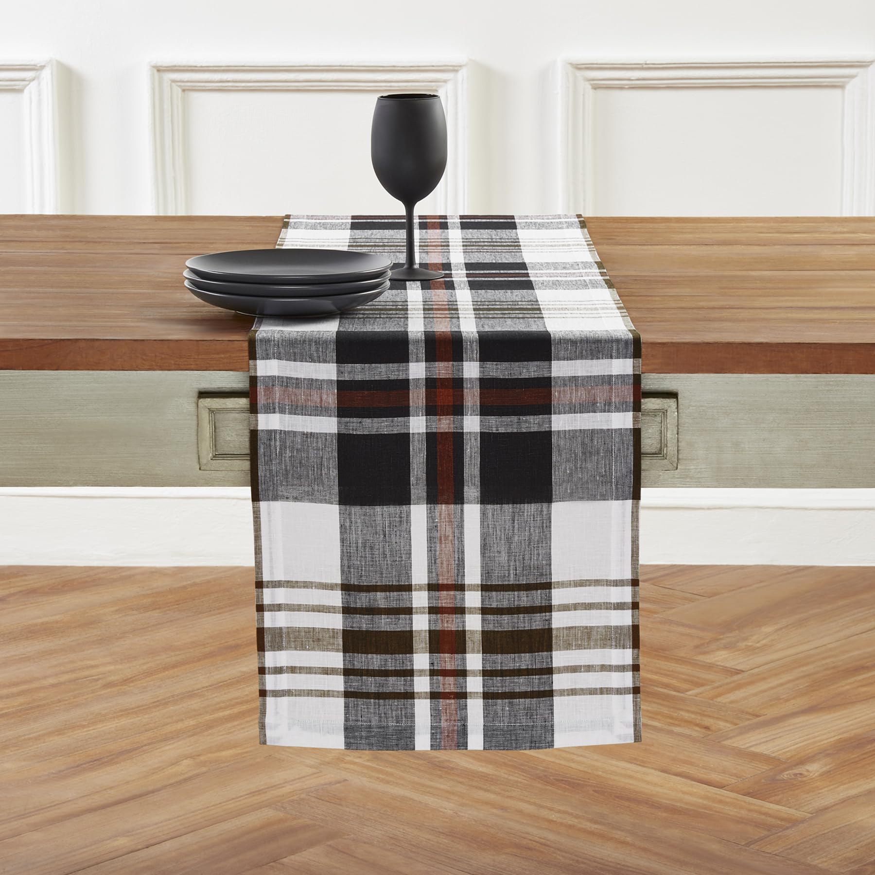 Solino Home Linen Table Runner 48 Inch - 100% Pure Linen Black Oxford Plaid Table Runner 14 X 48 Inch - Handcrafted And Machine