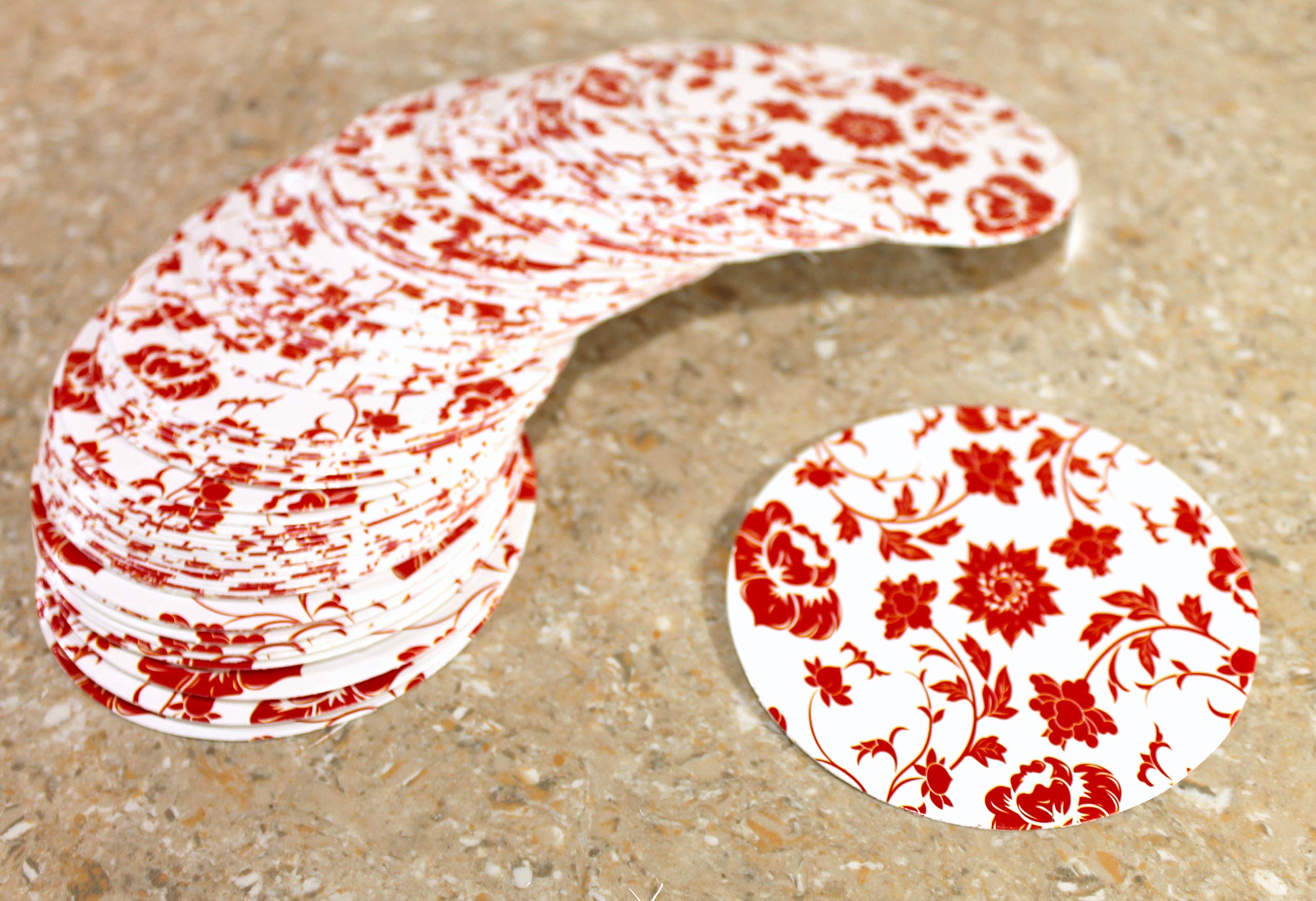 Esplanade Disposable Printed Paper Coasters - Use And Throw Reversible Round Paper Coasters - Set Of 100 - Red Floral