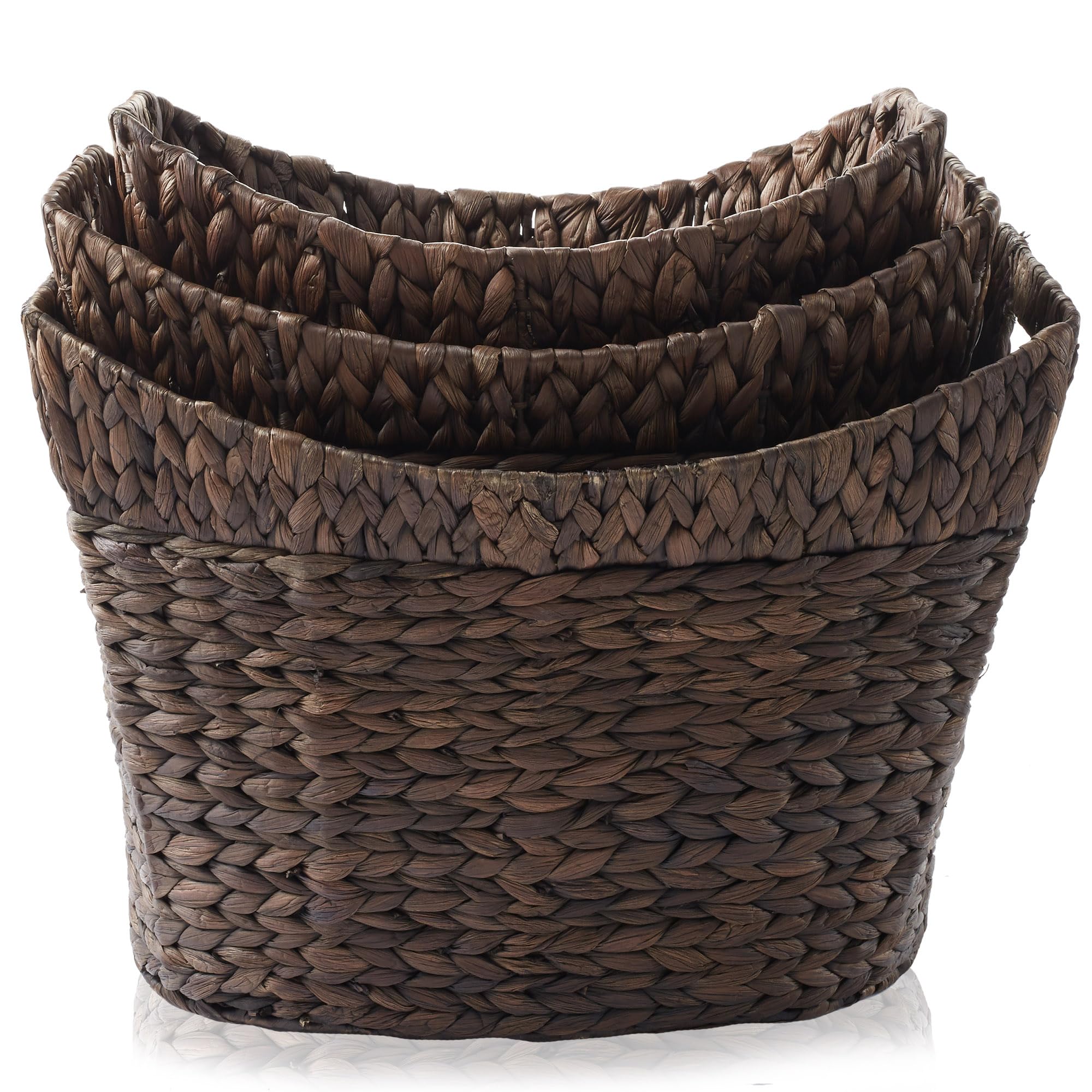 Casafield Set Of 3 Stackable Oval Laundry Baskets With Handles - Espresso, Woven Water Hyacinth Storage Totes For Throw Blankets