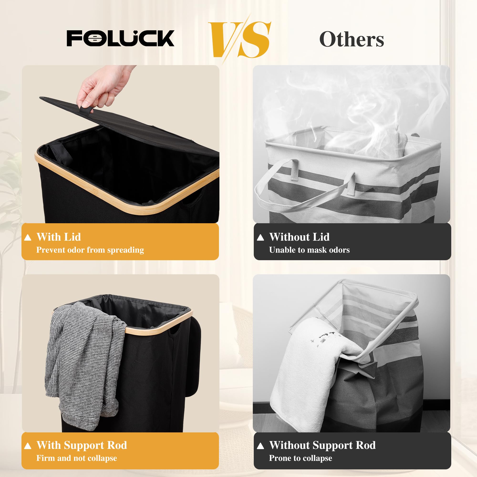 Foluck Large Laundry Hamper, 100L Waterproof Laundry Basket With Lid And Removable Bag, Collapsible Tall Clothes Hamper With Bam