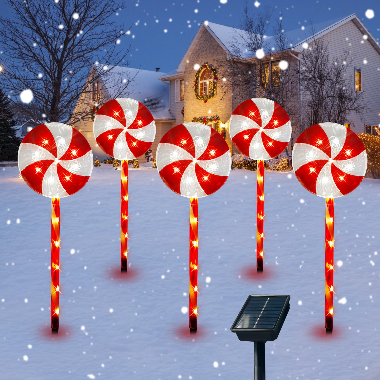23-Inch Solar Pathway Lights Outdoor, Set of 5 Solar Outdoor Christmas Decorations - Lollipop Christmas Decorations with 8 Modes