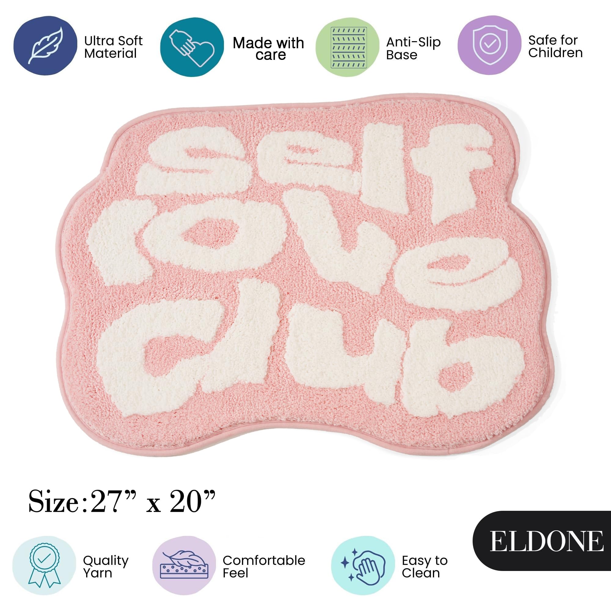 Eldone Self Love Club Rug - Cute Bath Mat Non Slip, Funky Aesthetic Groovy Small Accent Rugs For Bedroom Bathroom, Girls Preppy