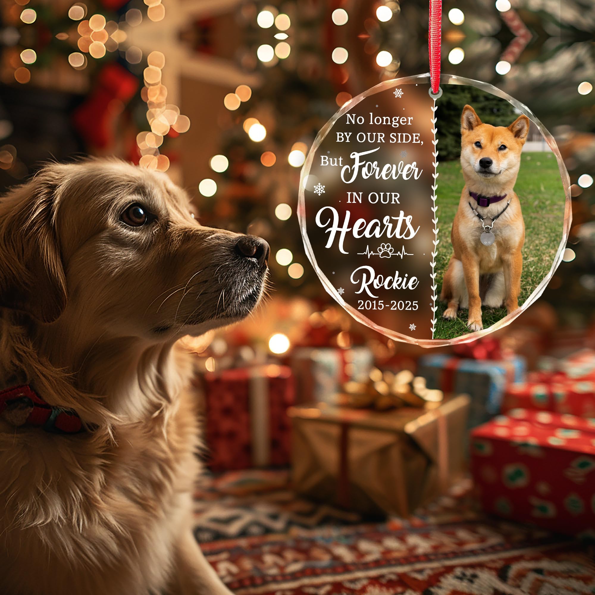 Custom Dog Photo Memorial Christmas Ornaments 2025 - Dog Loss, Pet Sympathy, Remembrance Keepsake - No Longer by Our Side Glass