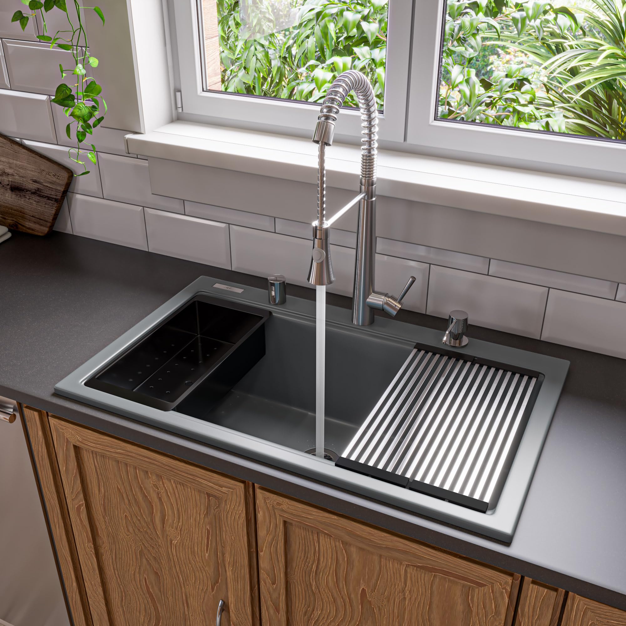 Alfi Brand Ab3418Sbdi-T Titanium 33'' Granite Composite Workstation Step Rim Single Bowl Drop In Sink With Accessories