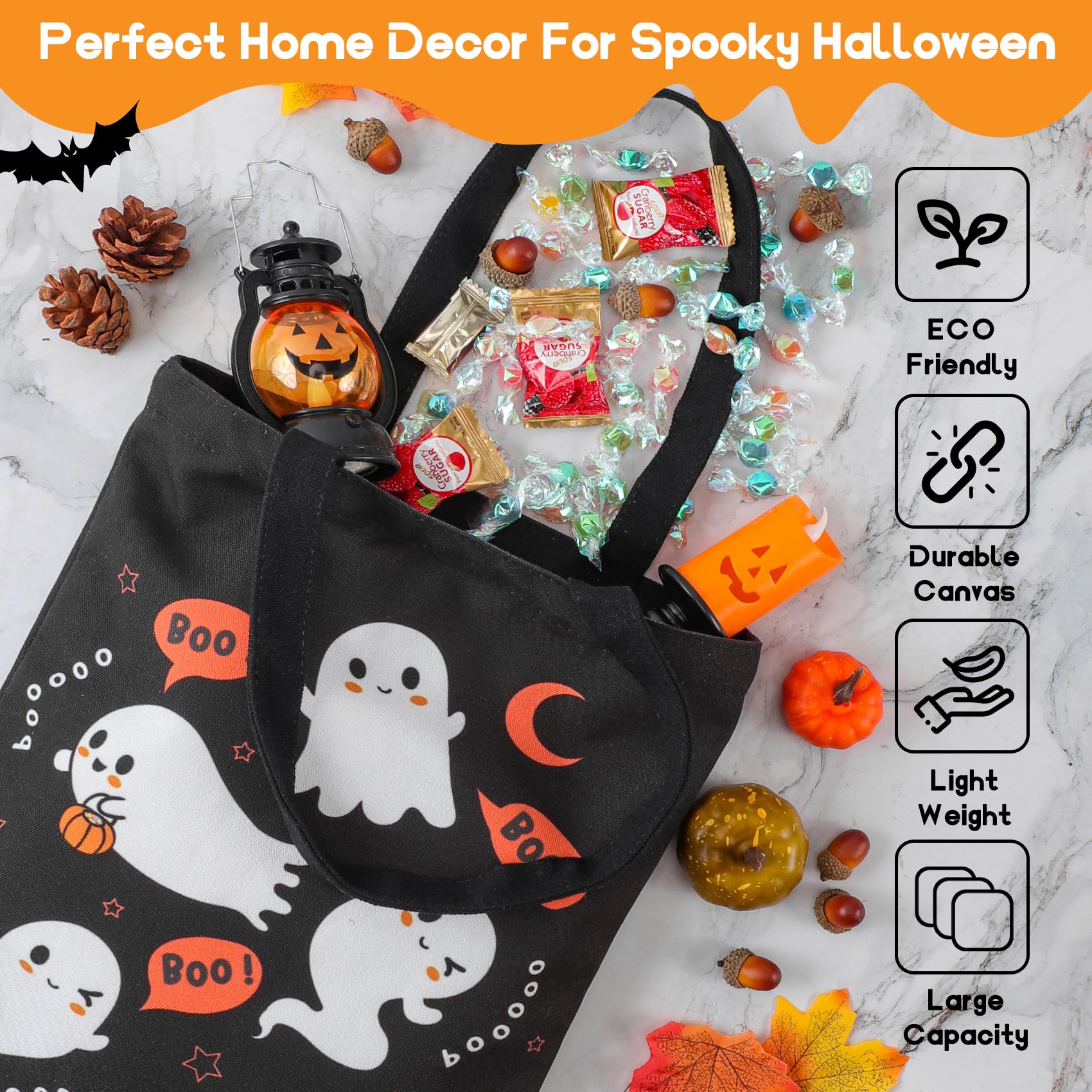 Atfunshop Halloween Tote Bag 15.7'' Trick Or Treat Bag Halloween Canvas Bags Reusable Large Halloween Bag For Kids Ghost