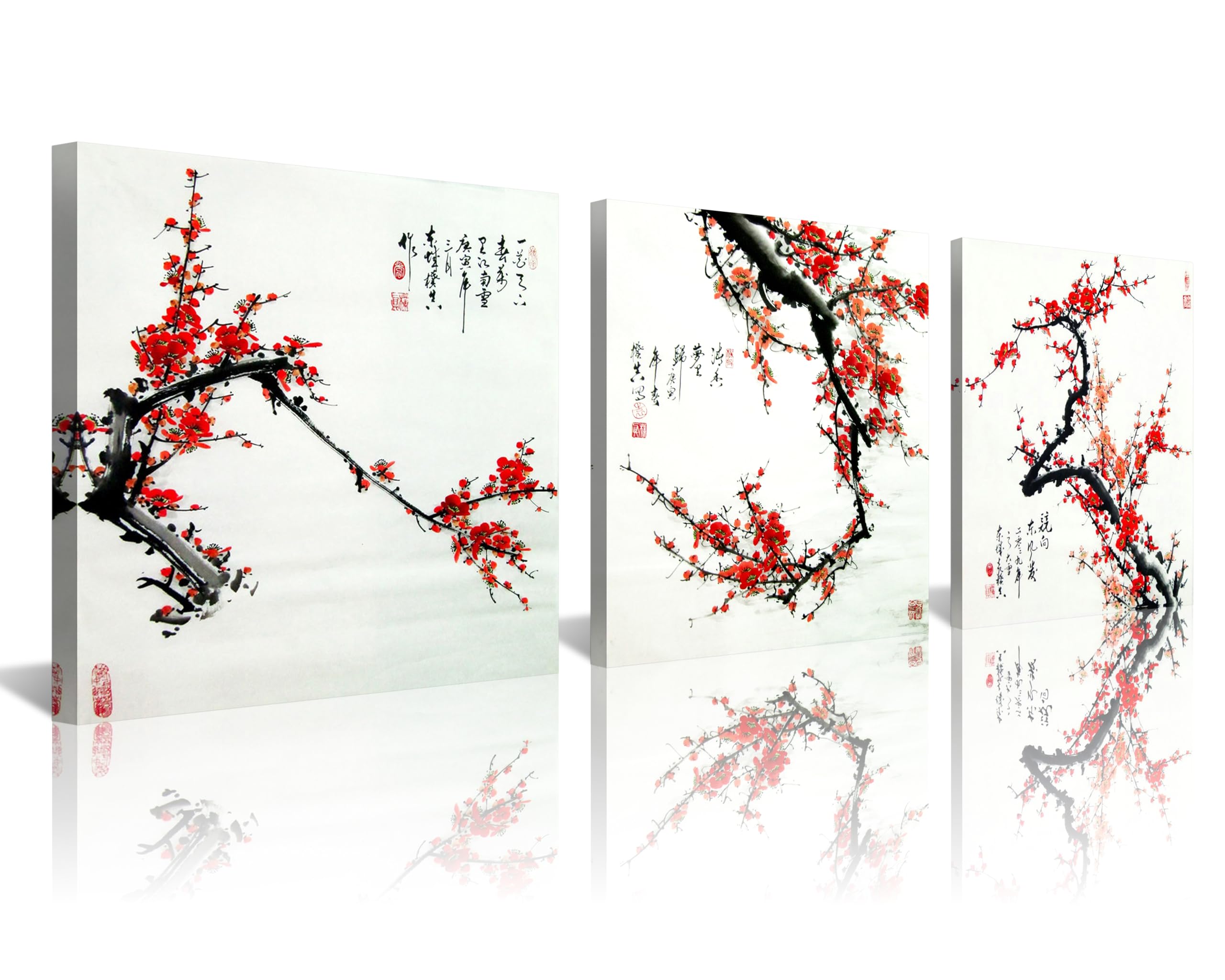 Nan Wind Small Size Traditional Chinese Painting Of Plum Blossom Canvas Prints 3 Panels Wood Framed Red Plum Blossom Wall Art Pl