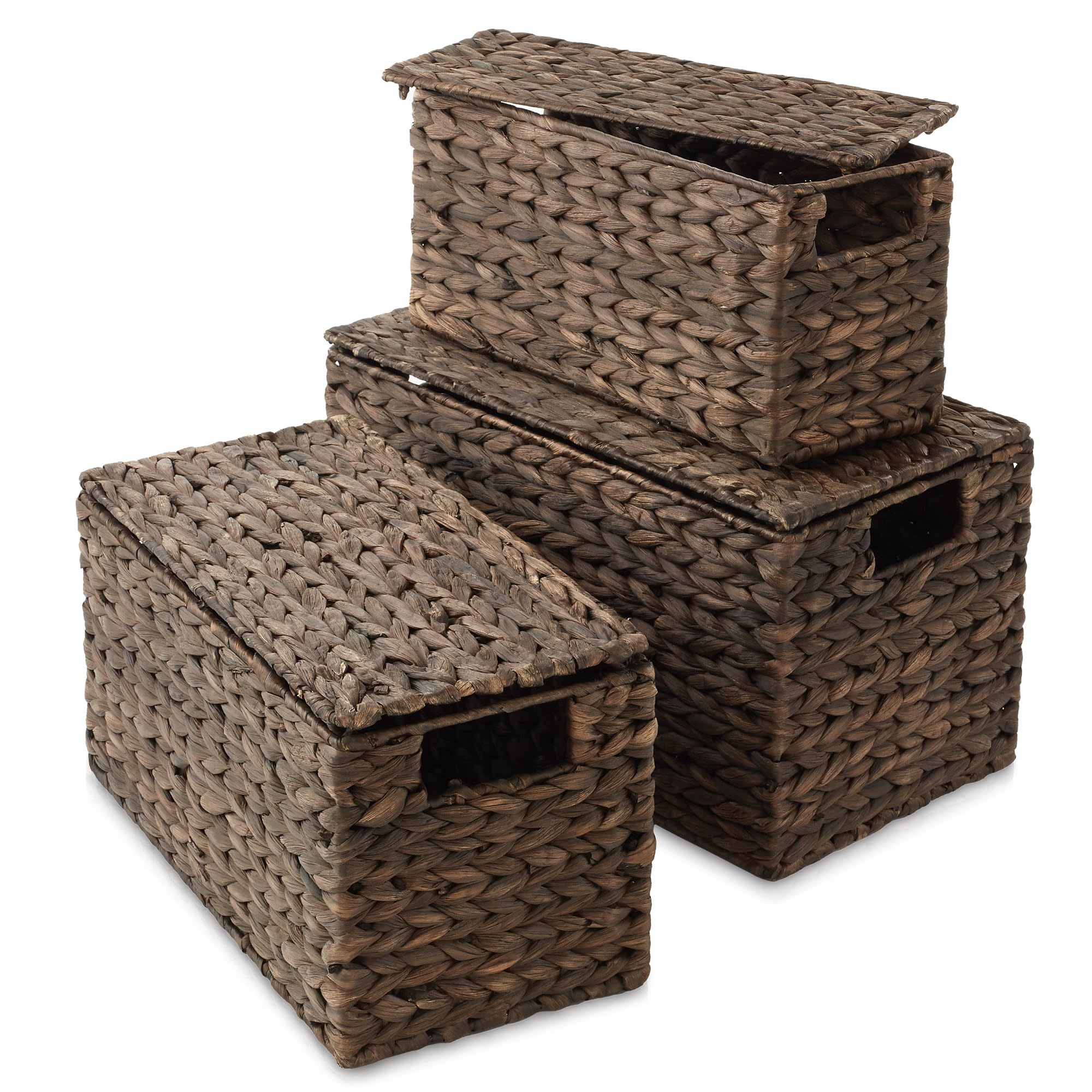 Casafield Set of 3 Water Hyacinth Storage Baskets with Lids, Espresso - Small, Medium, Large Woven Nesting Bins for Bathroom, Be