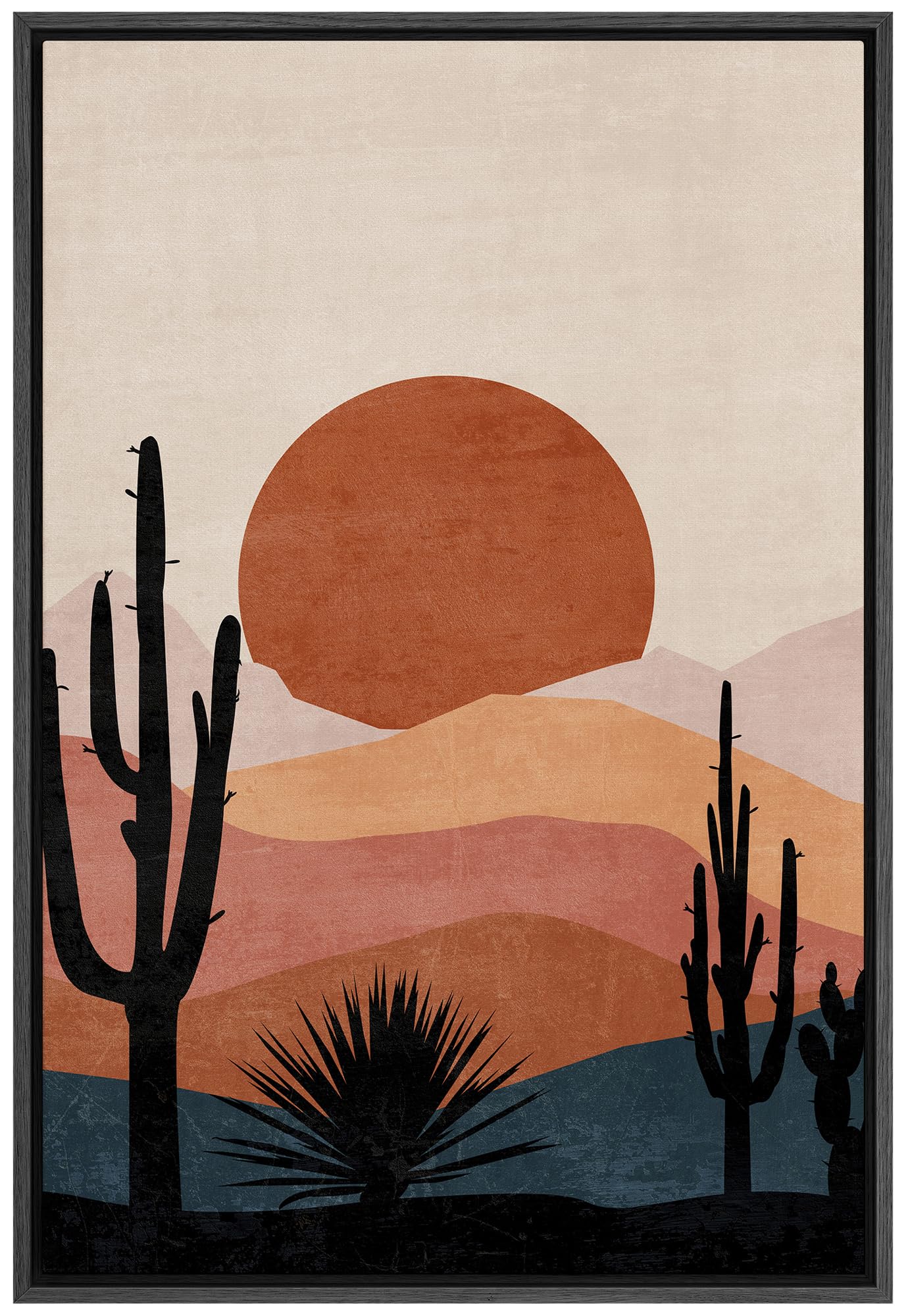 Signford Framed Canvas Print Wall Art Sunset In The Desert With Cacti Silhouettes Nature Wilderness Illustrations Modern Art Dec
