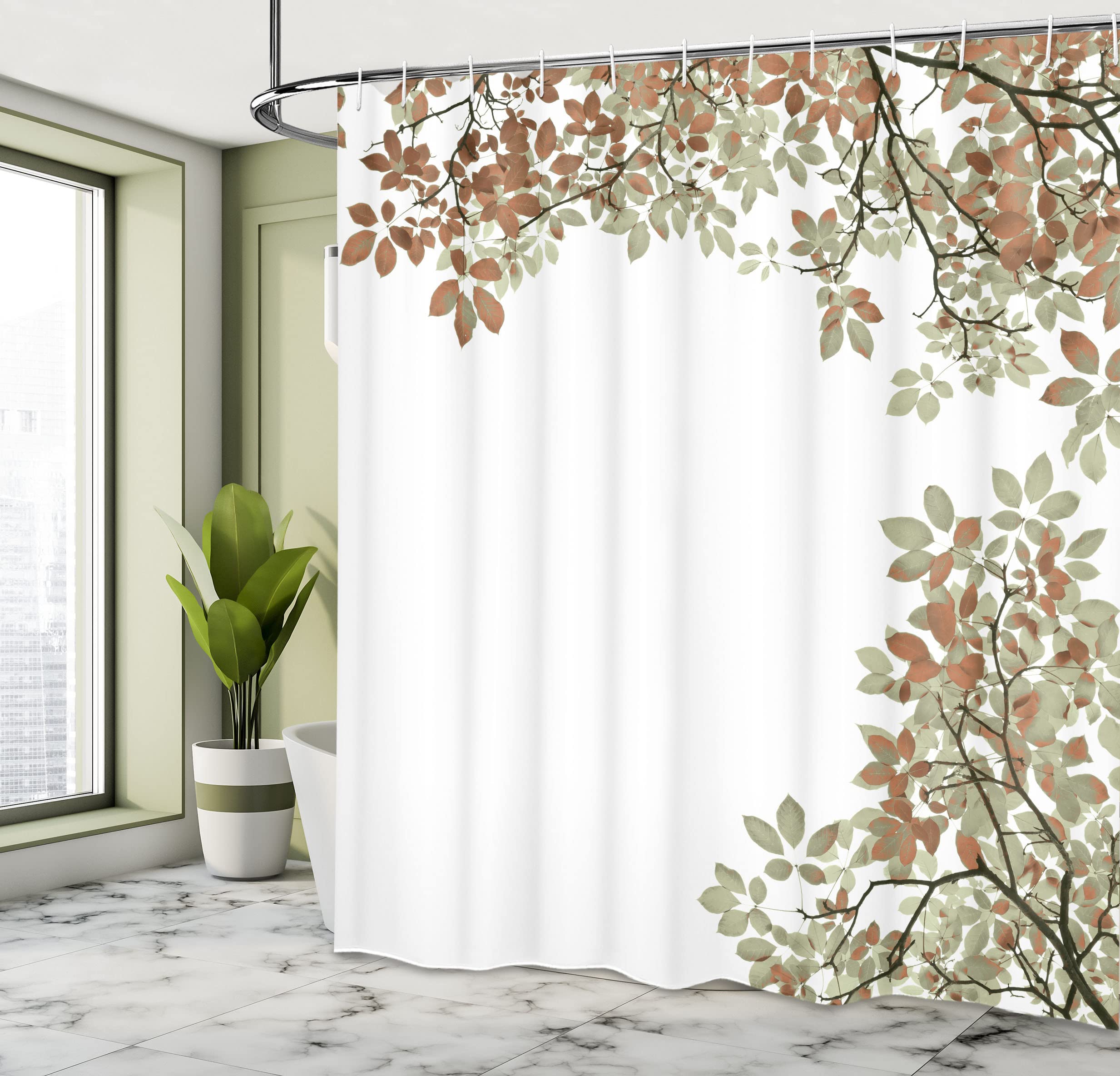 Ambesonne Leaves Shower Curtain, Broad Leaves Close-Up Background Autumnal Foliage Shrubs Illustration Print, Cloth Fabric Bathr