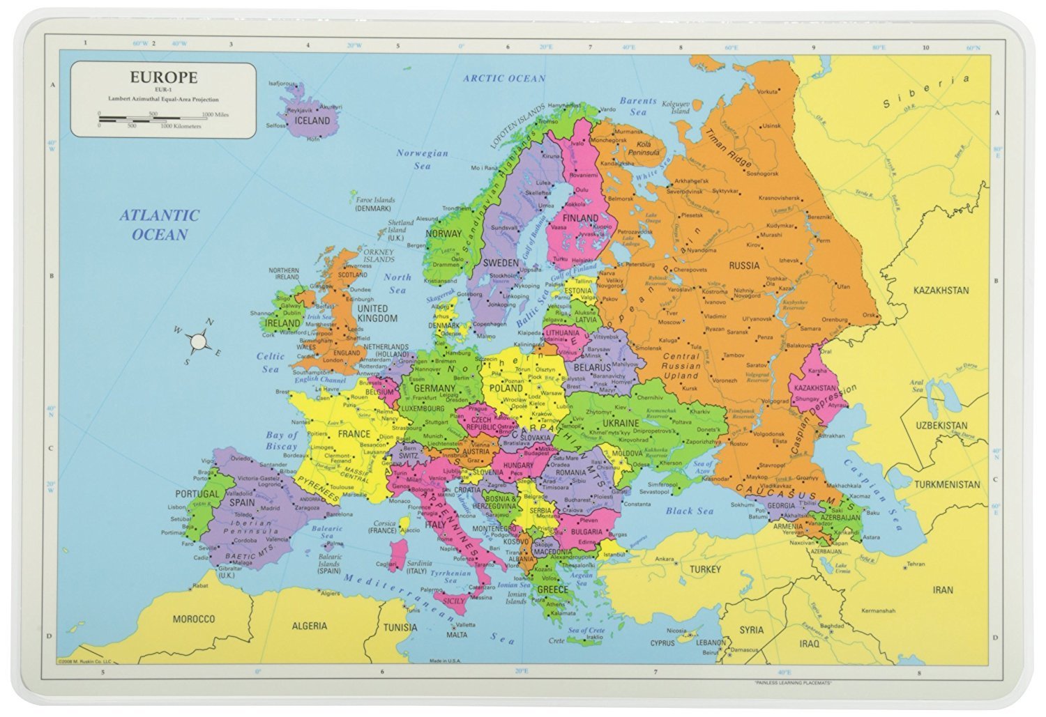 Painless Learning Educational Placemats Sets World Usa And Europe Maps Non Slip Washable