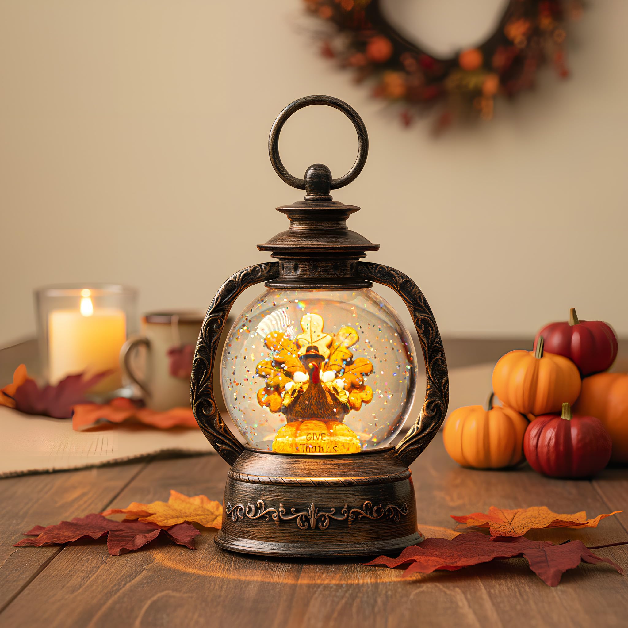 Fall Snow Globe Lantern -Thanksgiving Turkey with Pumpkin Spinning Water Lantern with Swirling Glitter Fall Decorations for Home