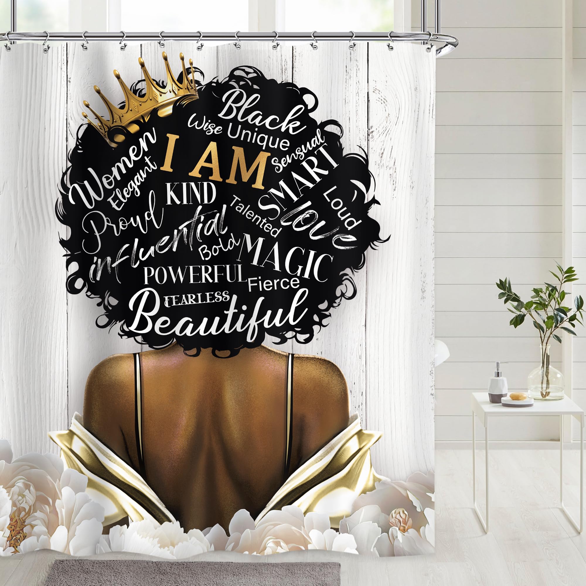 Riyidecor African American Shower Curtain 60Wx72H Inch Black Girl Woman Motivational Floral Inspirational Quotes Words Flowers Plank Rustic Bathroom Decor Fabric Polyester Waterproof 12 Pack Hooks