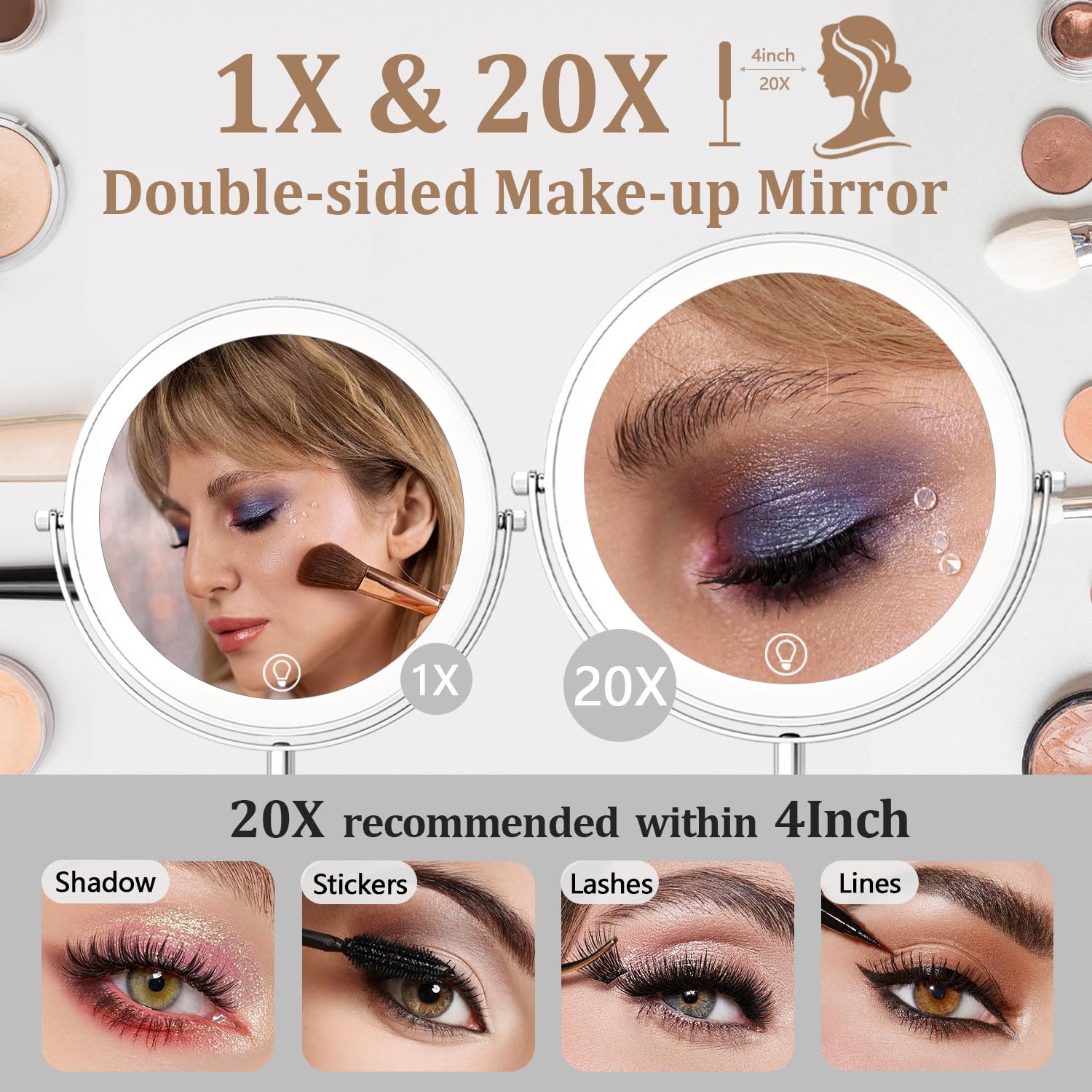 9In Vanity Mirror With Lights, Rechargeable 5000Mah Lighted Makeup Mirror, 1X/20X Double Sided Magnifying Mirror, 360 Rotate, 3